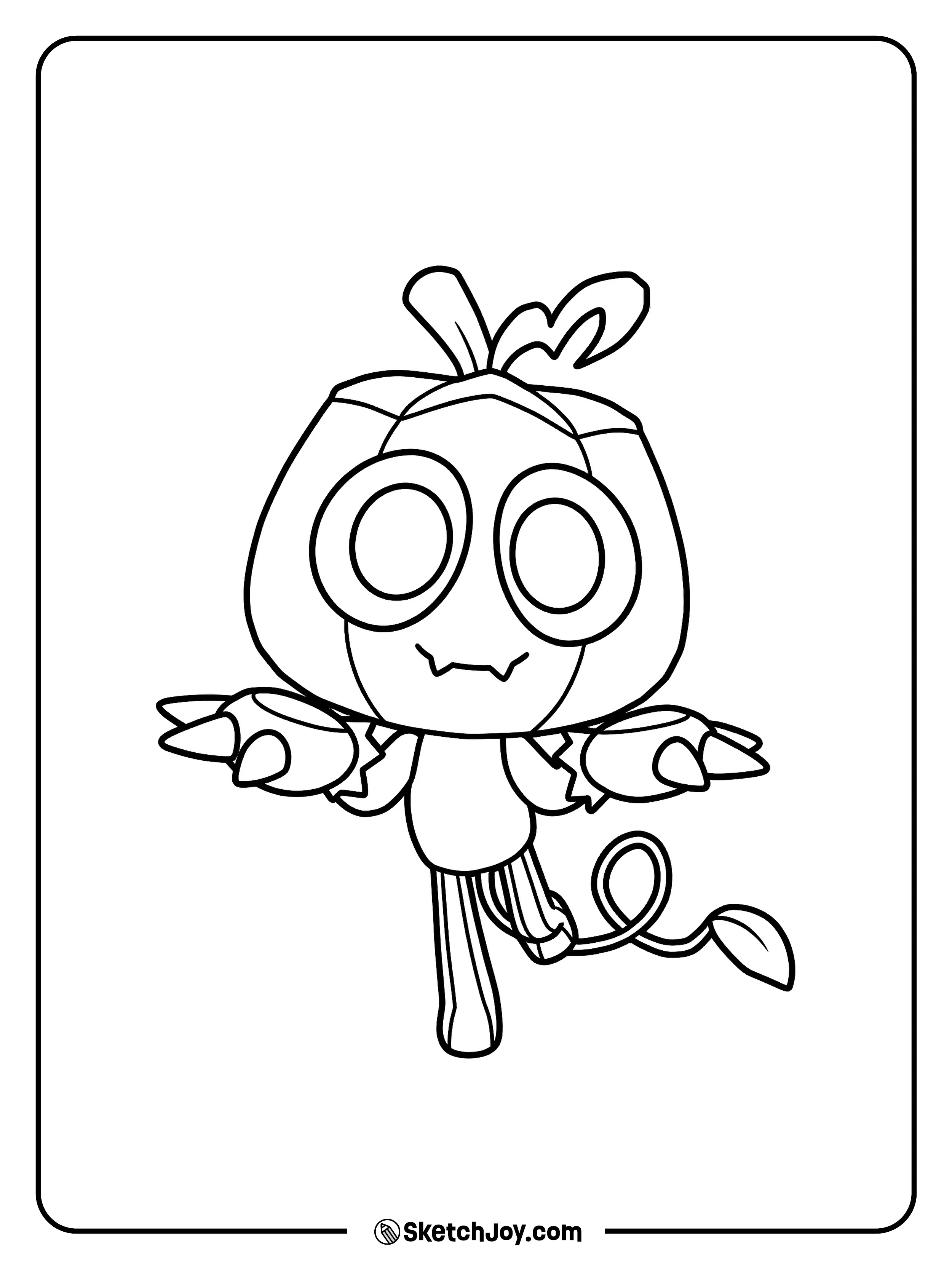 Gourdy stands in a playful pose with little fangs and a pumpkin look.