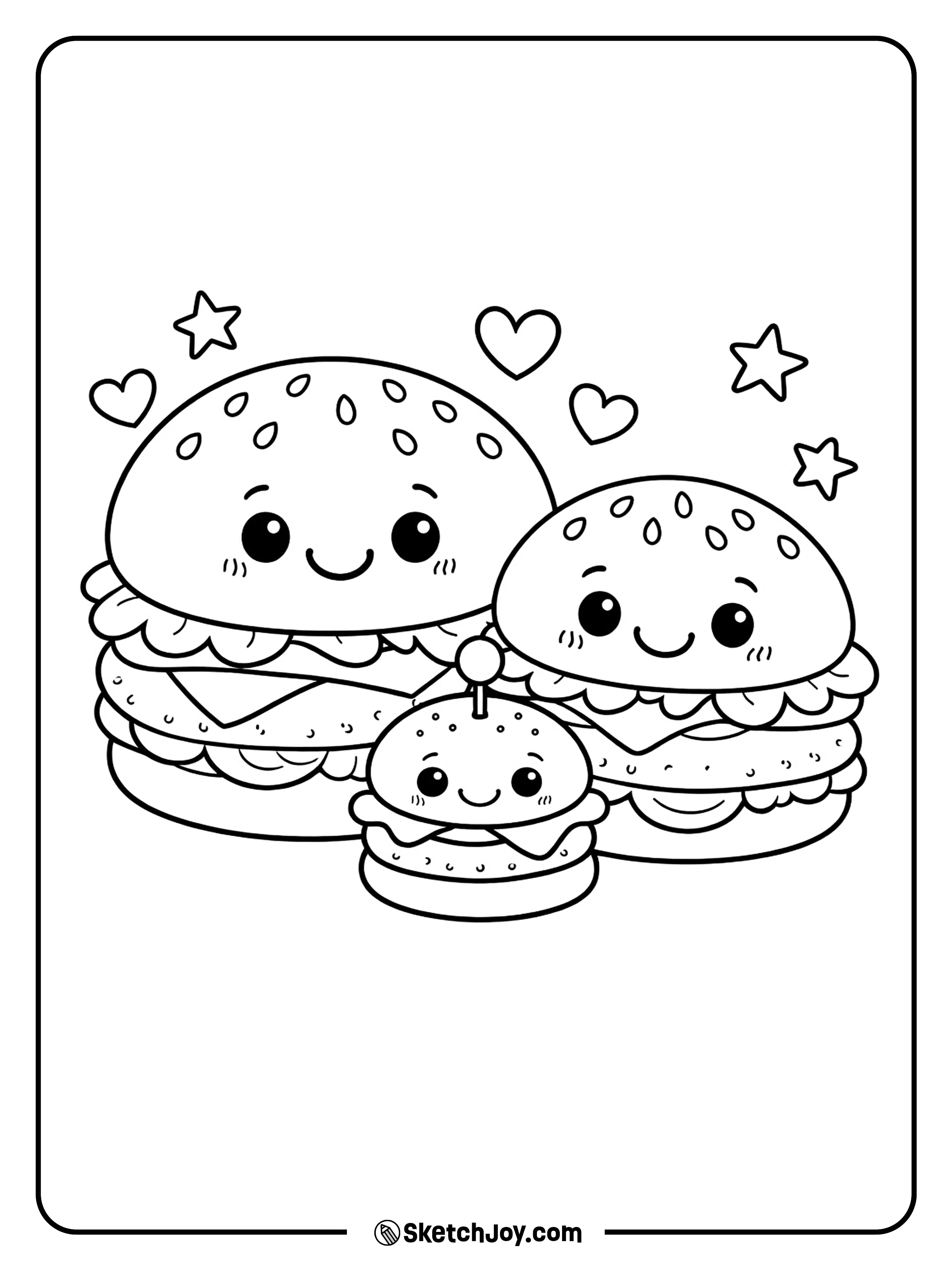 A fun burger family with big and small burgers standing together.