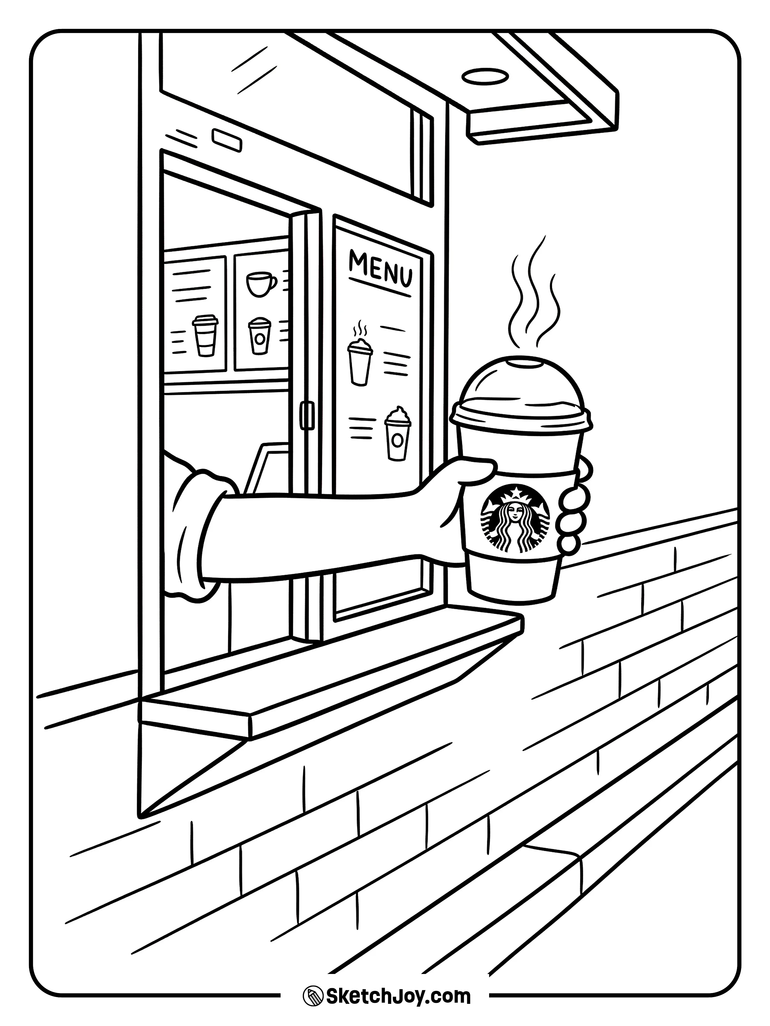 A hand reaching out of a window to give a cup of coffee.