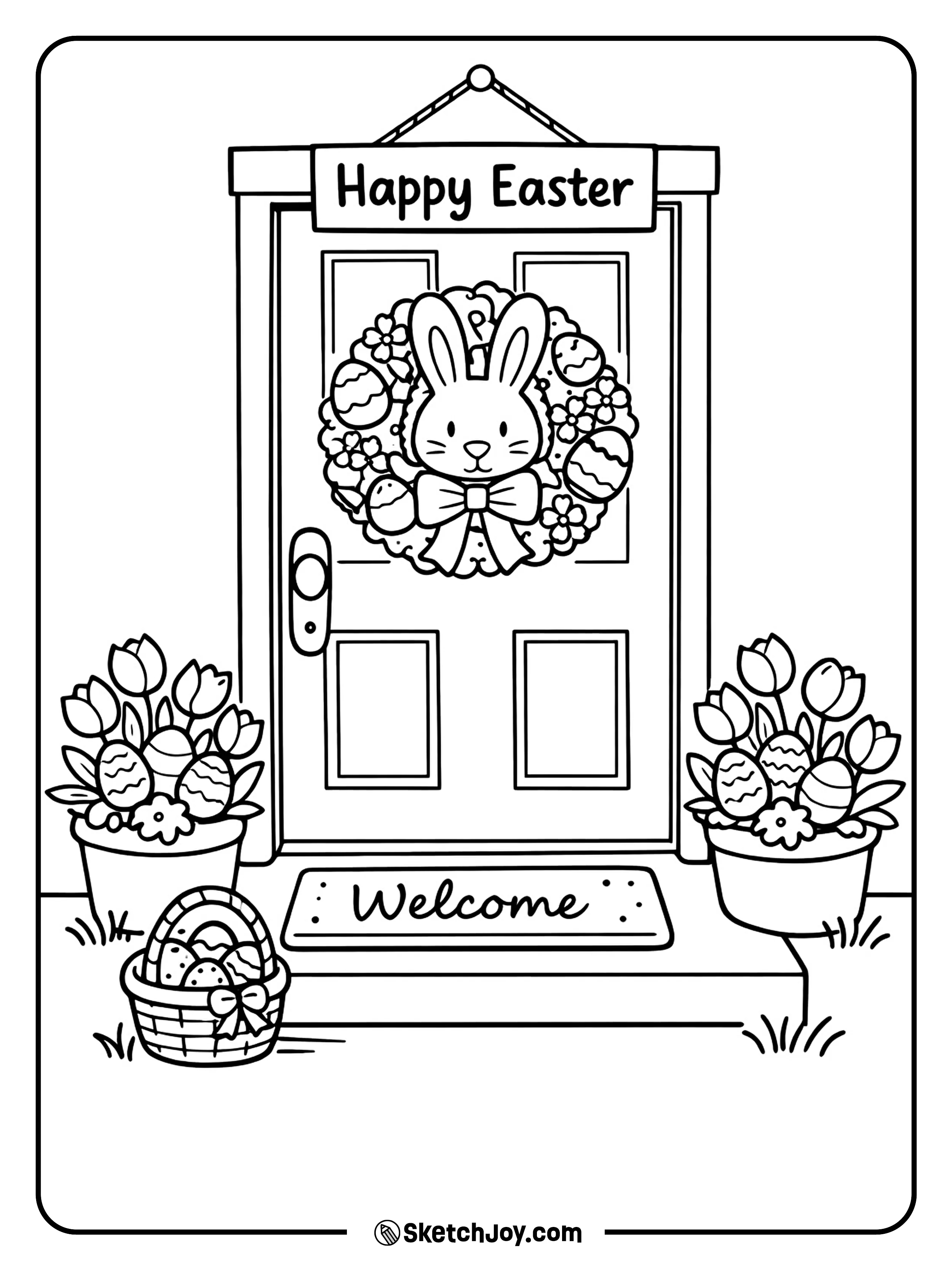 A spring door is dressed up with eggs, flowers, and a bunny wreath.