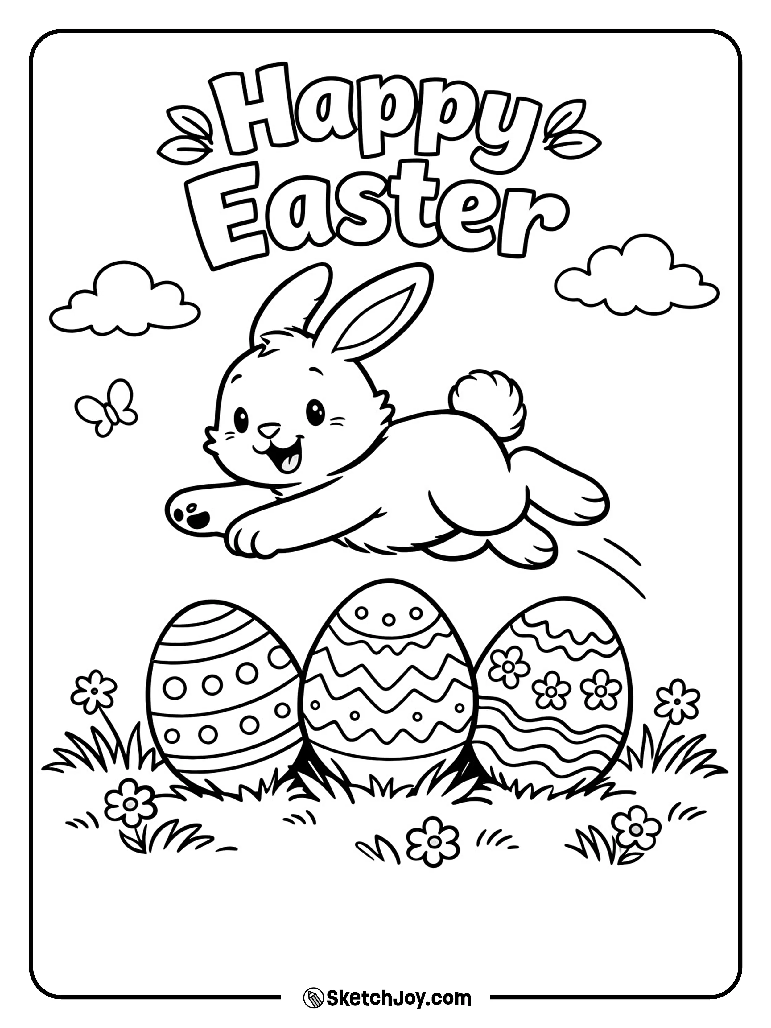 A bunny jumps over eggs in a grassy field.