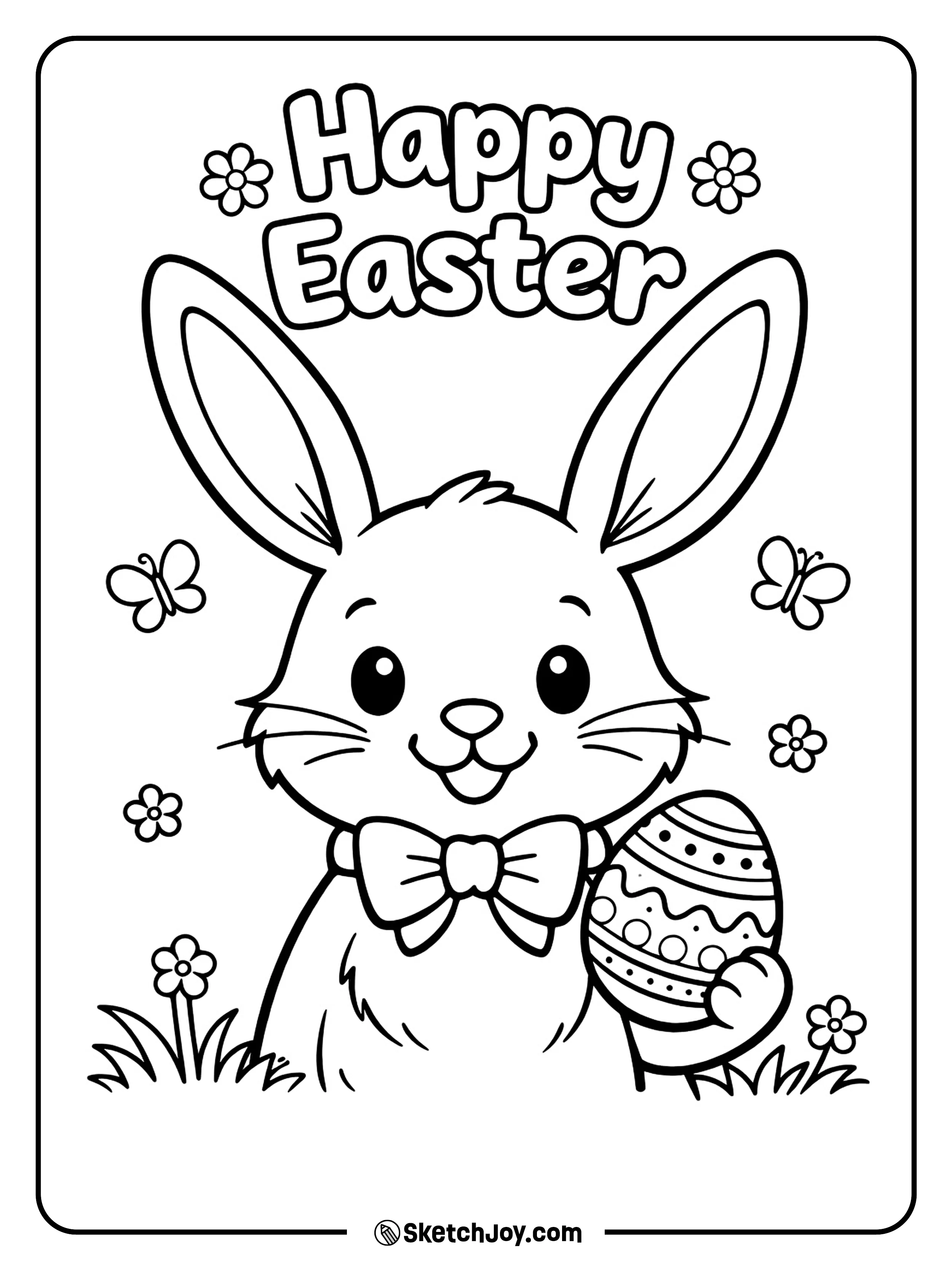 A big smiling bunny fills the page with spring charm.