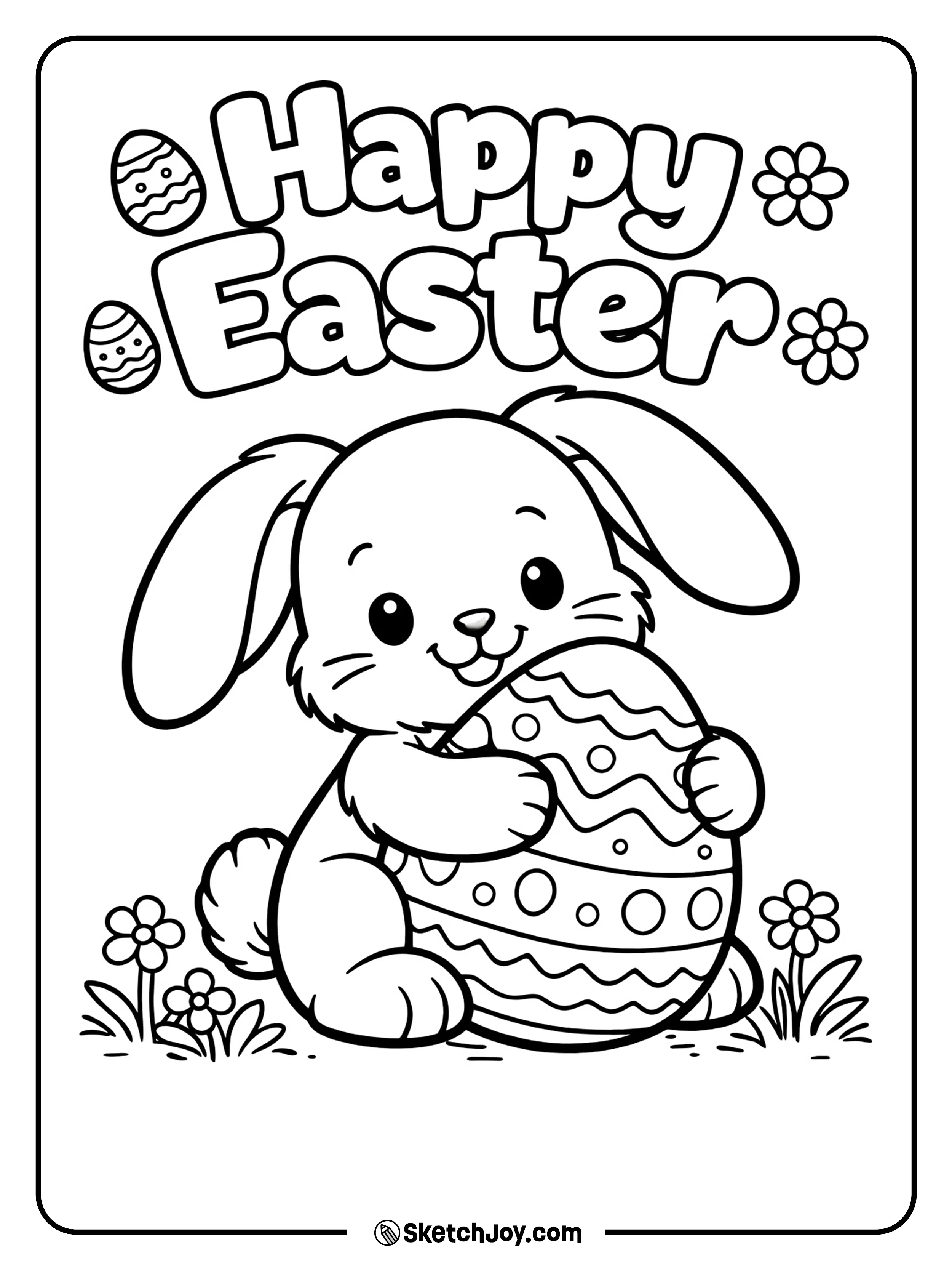 A cute bunny hugs a giant Easter egg with a happy smile.