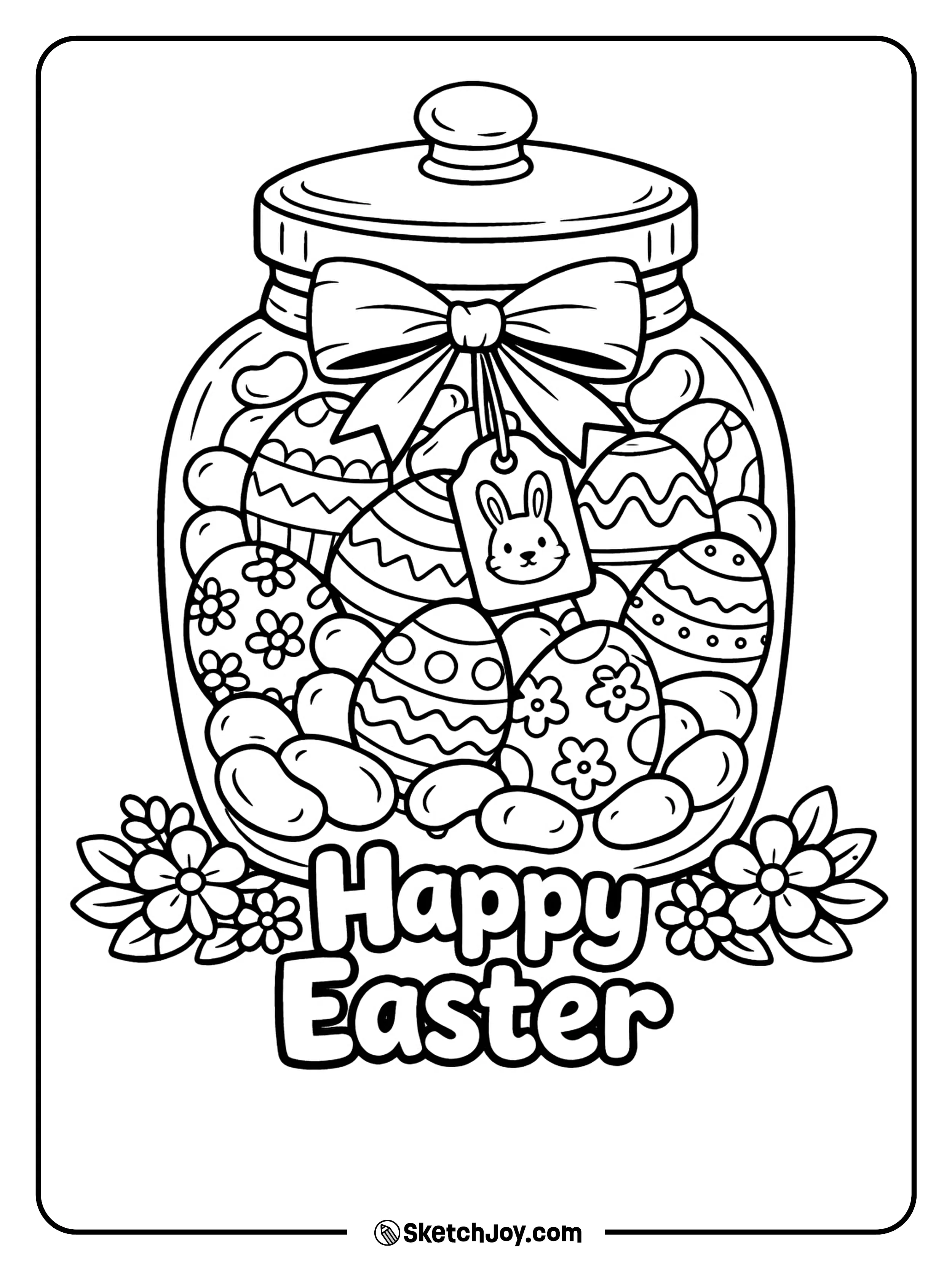 A jar is filled with eggs, jelly beans, and spring fun.
