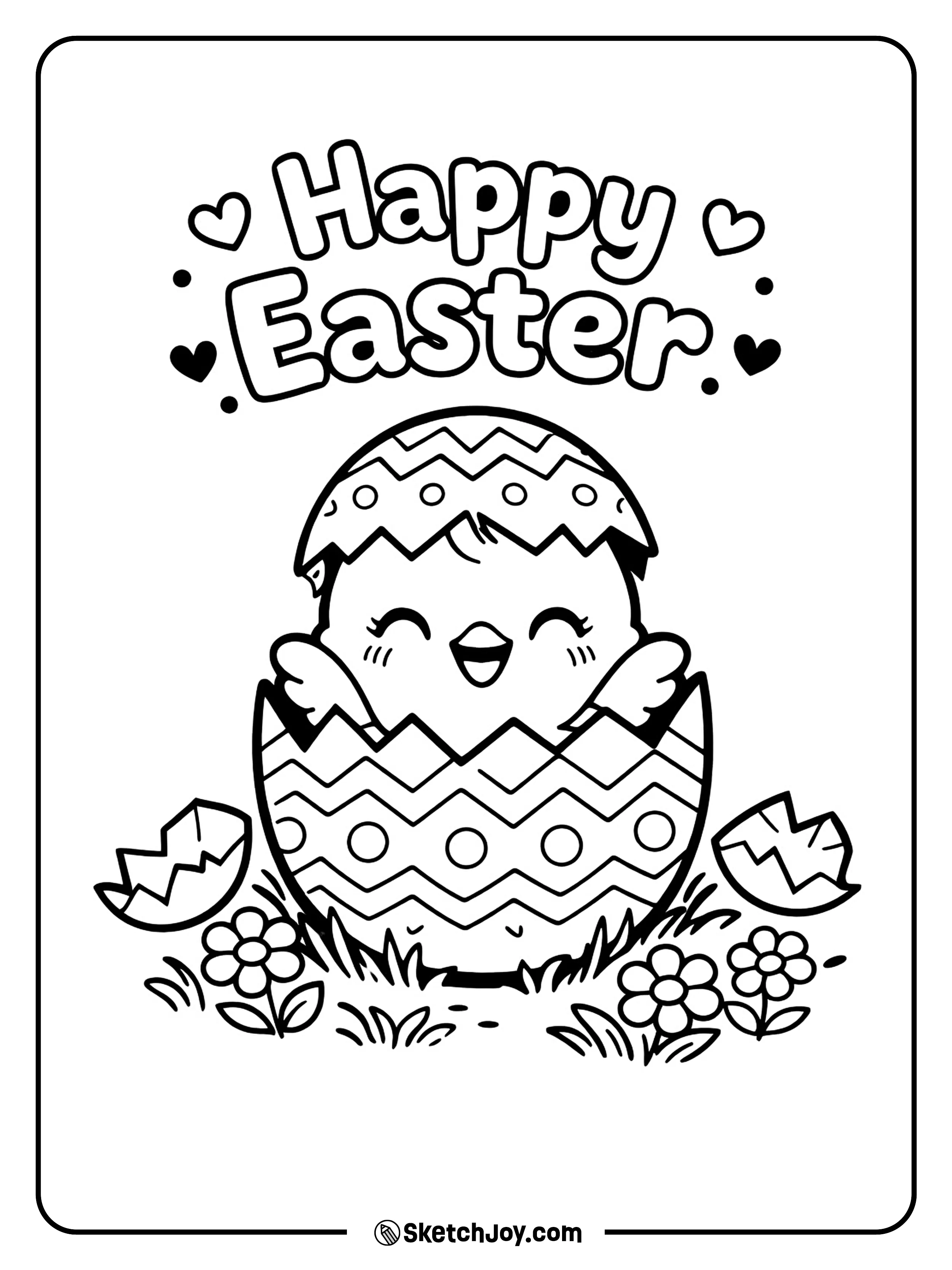 A baby chick pops out of a decorated egg and looks excited.