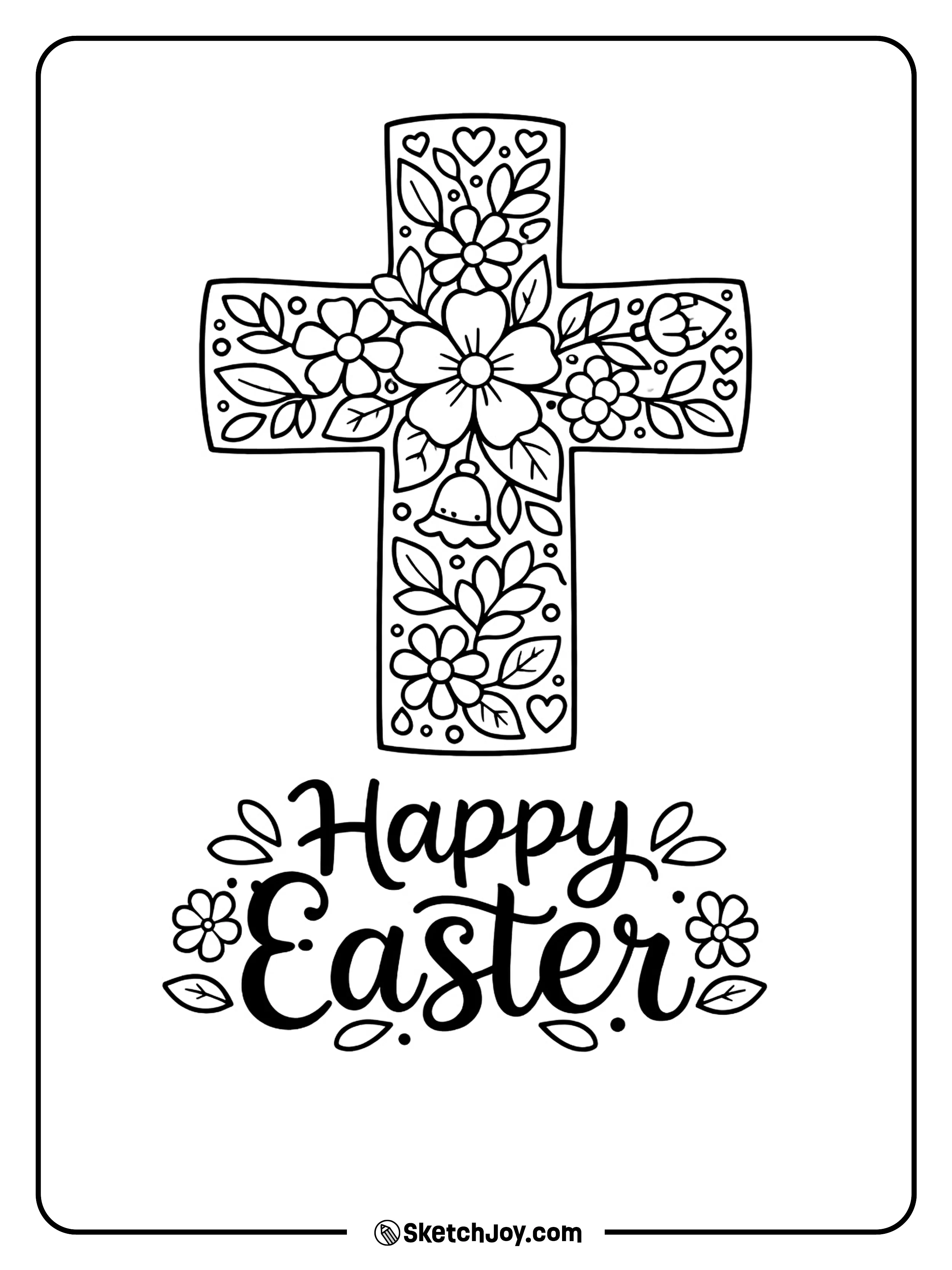 A cross is covered with flowers and spring leaves.