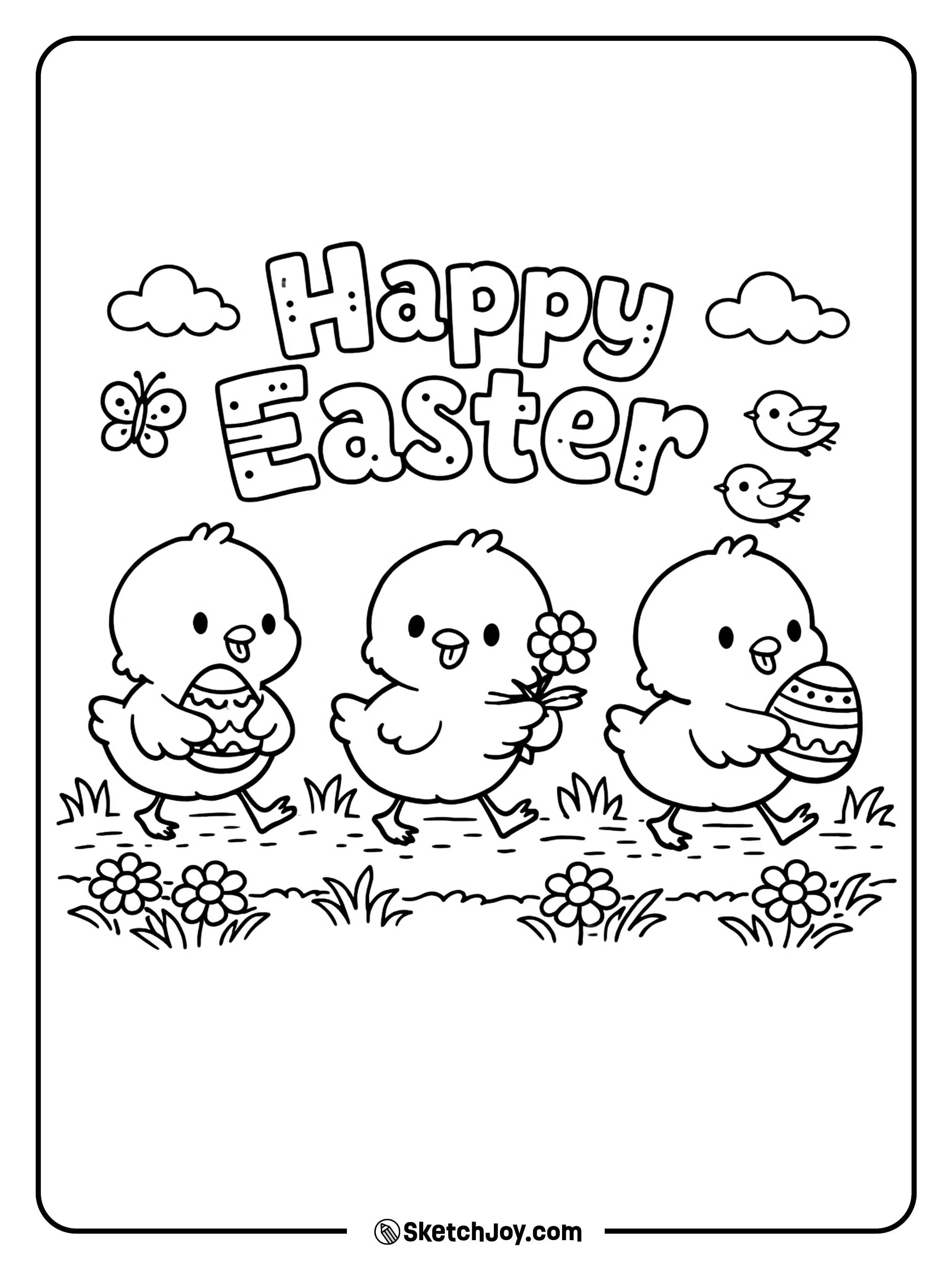 Three fluffy chicks walk in a happy Easter line.