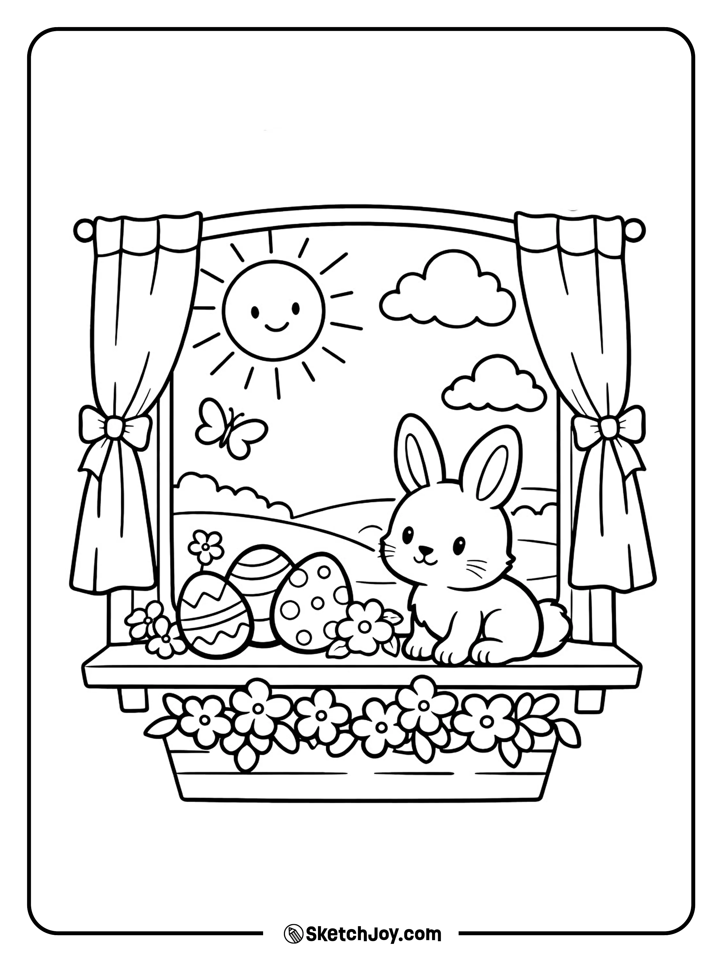 Eggs, flowers, and a bunny sit by a spring window.