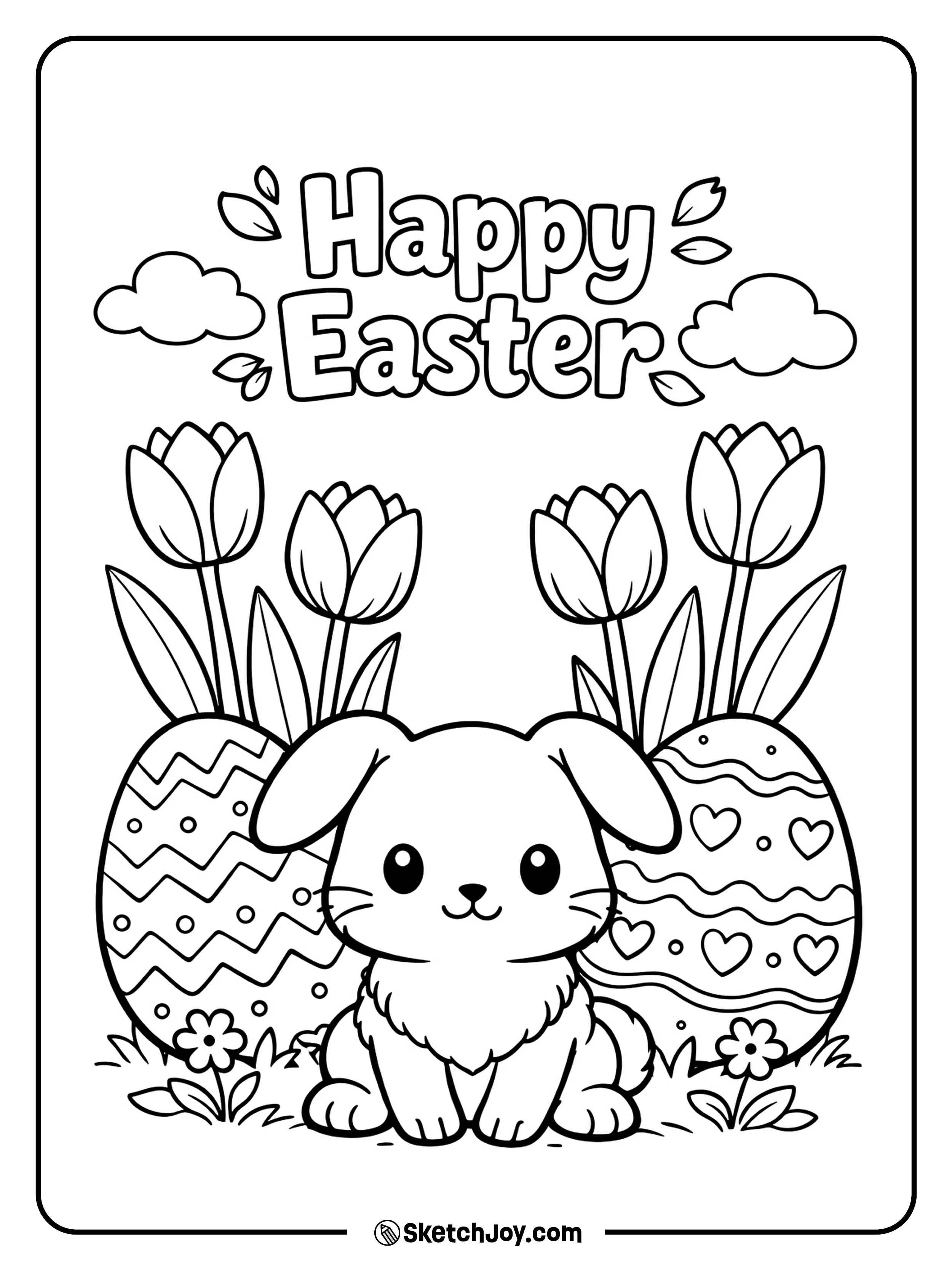 A bunny sits beside tulips and a row of eggs.