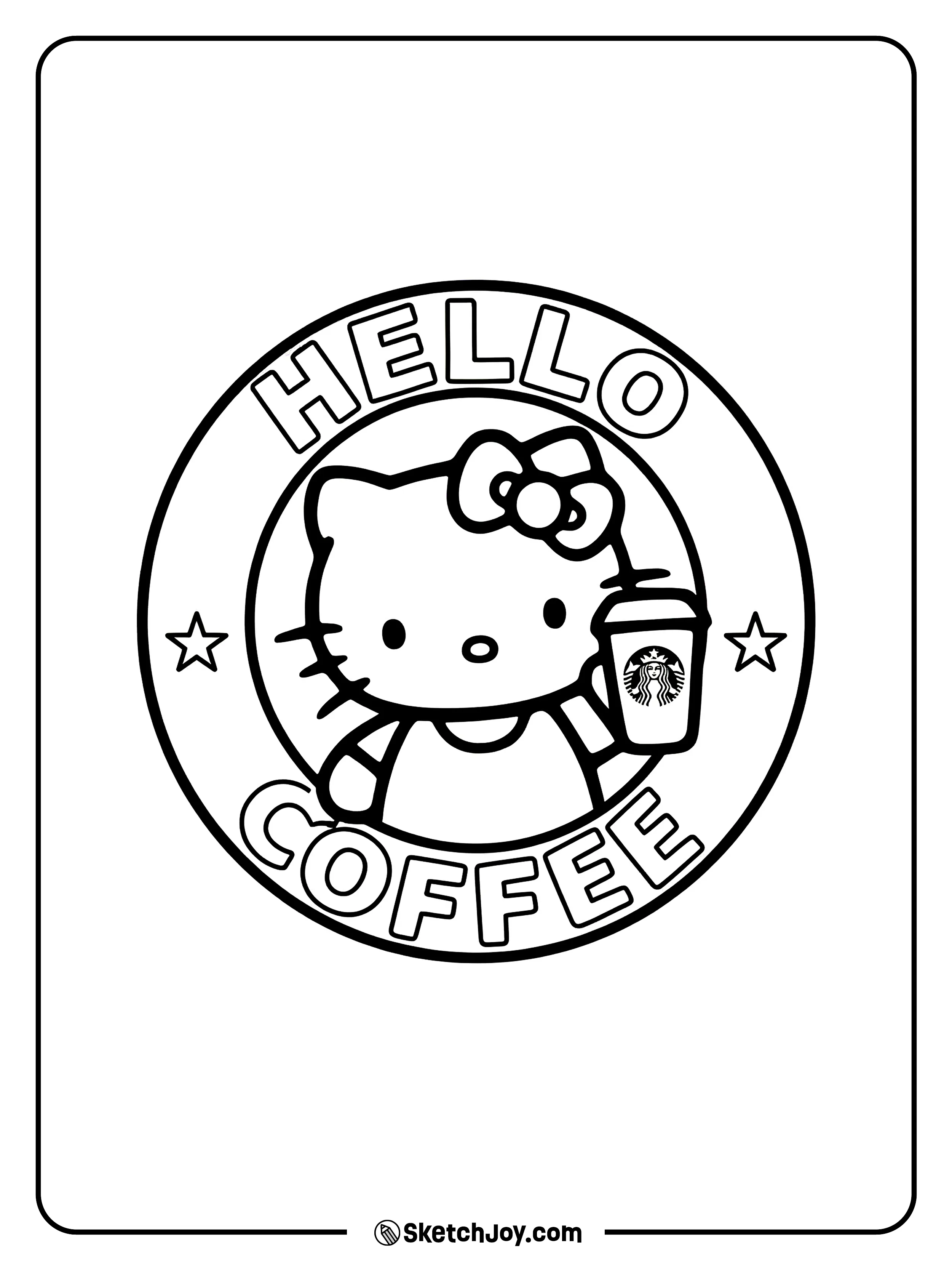 Hello Kitty is happy to hold a cold coffee cup with a famous mermaid logo.