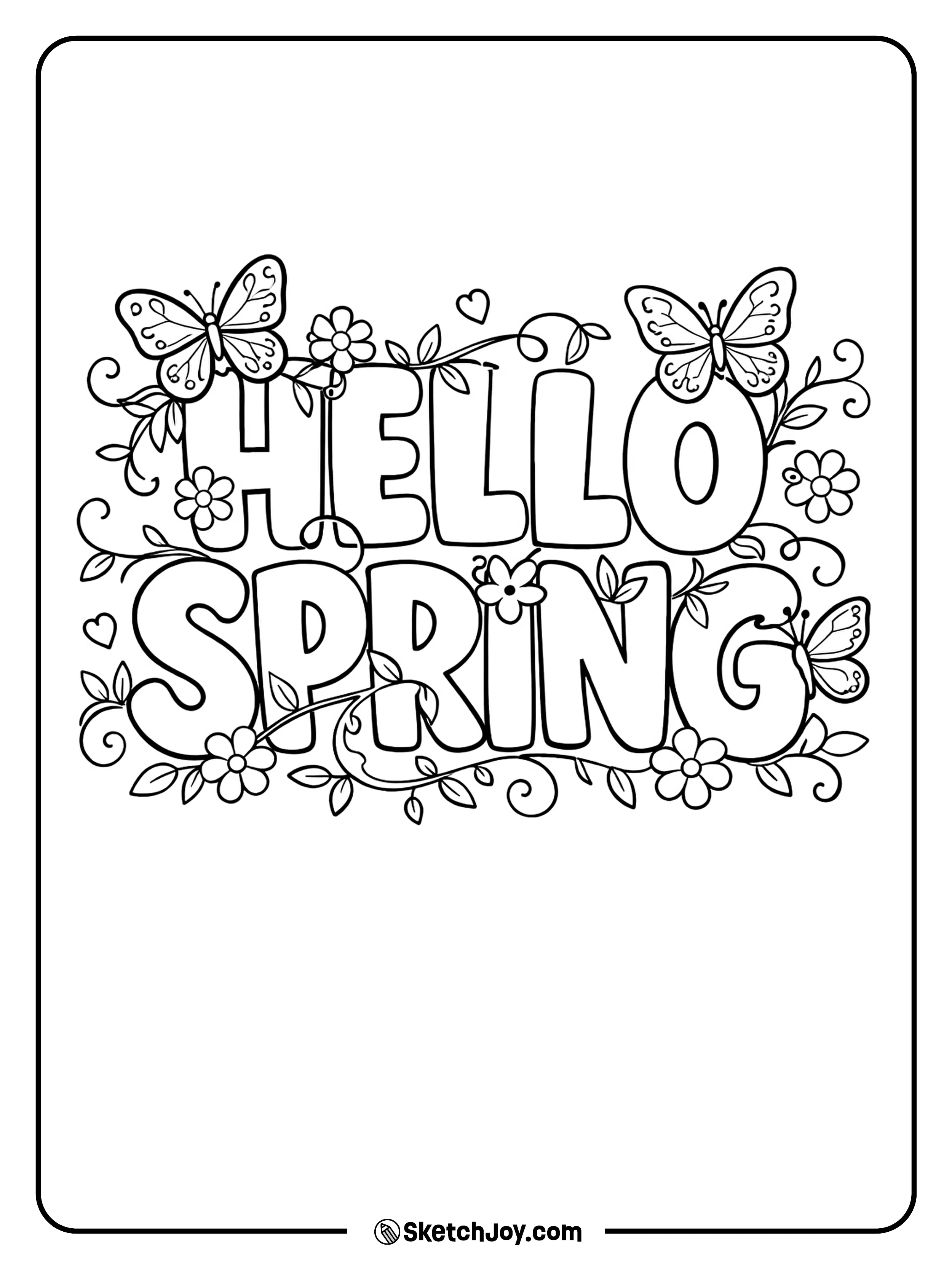 Butterflies land on big spring words with floral details.
