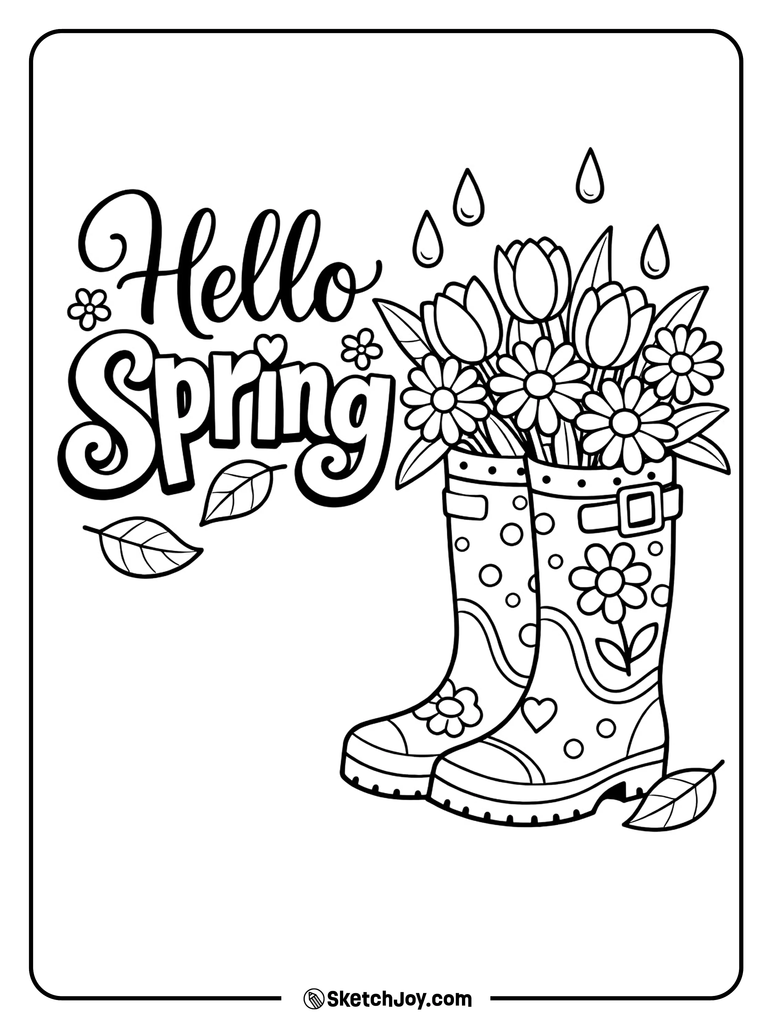 Big spring words pair with boots full of flowers.