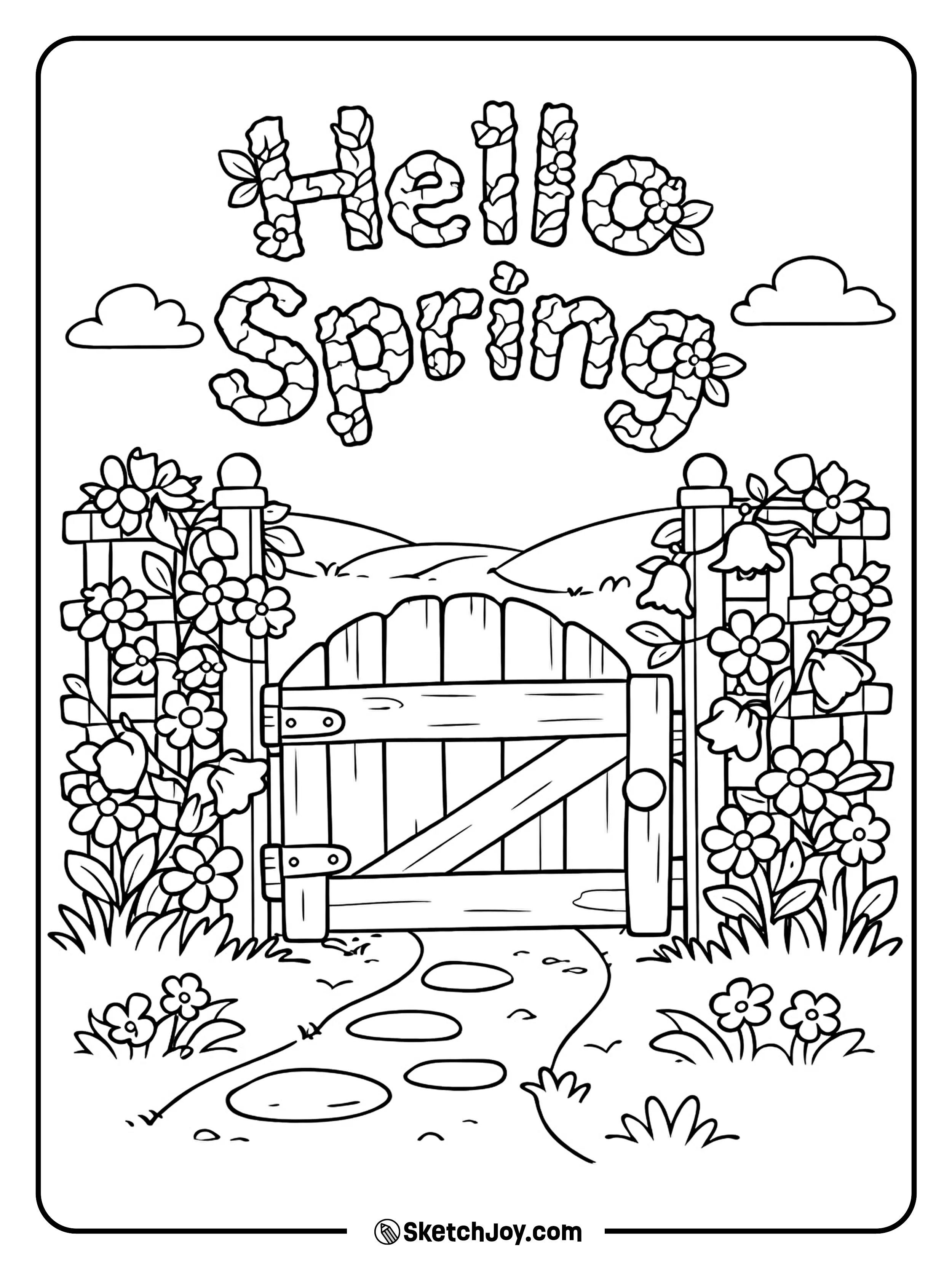 Spring words rise above a garden gate and flowers.