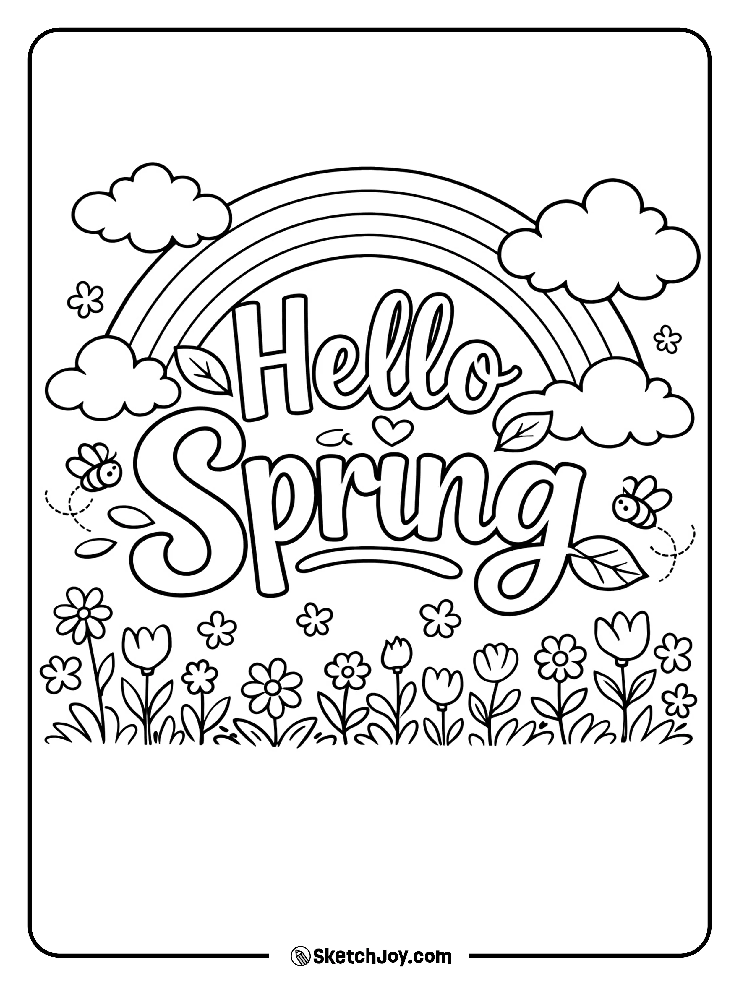 Spring words shine under a rainbow and soft clouds.