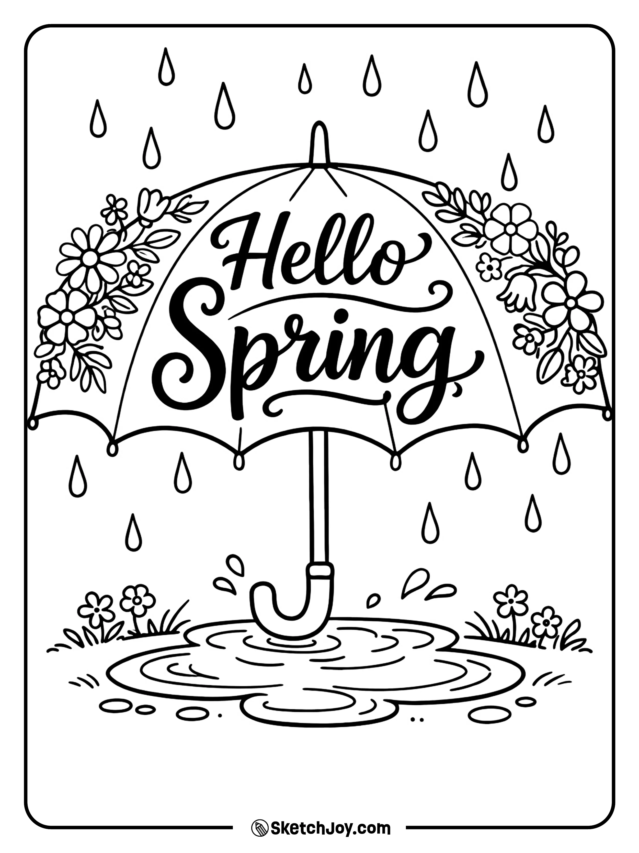 A happy umbrella opens under flowers and raindrops.