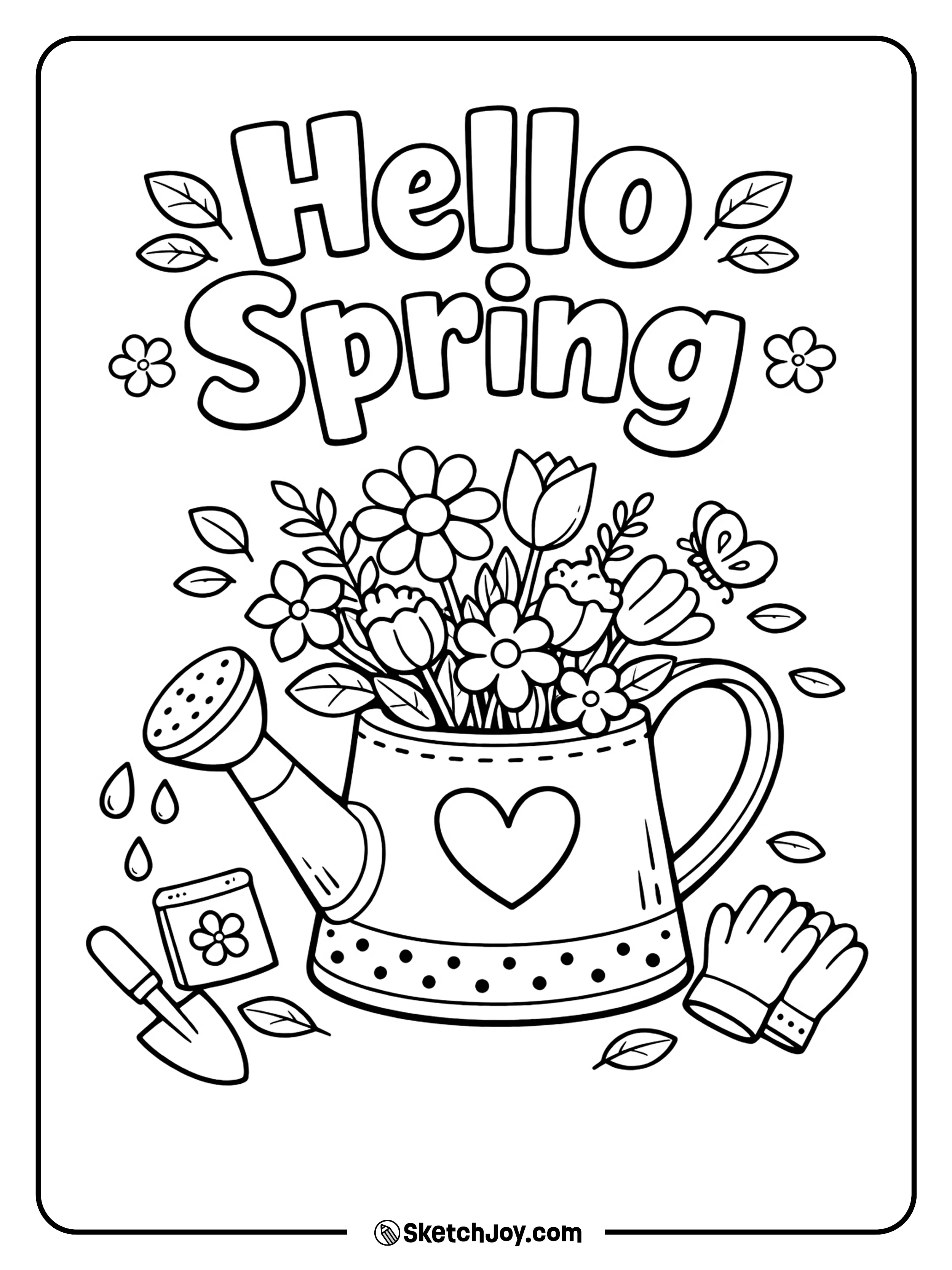 Spring words sit beside a watering can full of flowers.