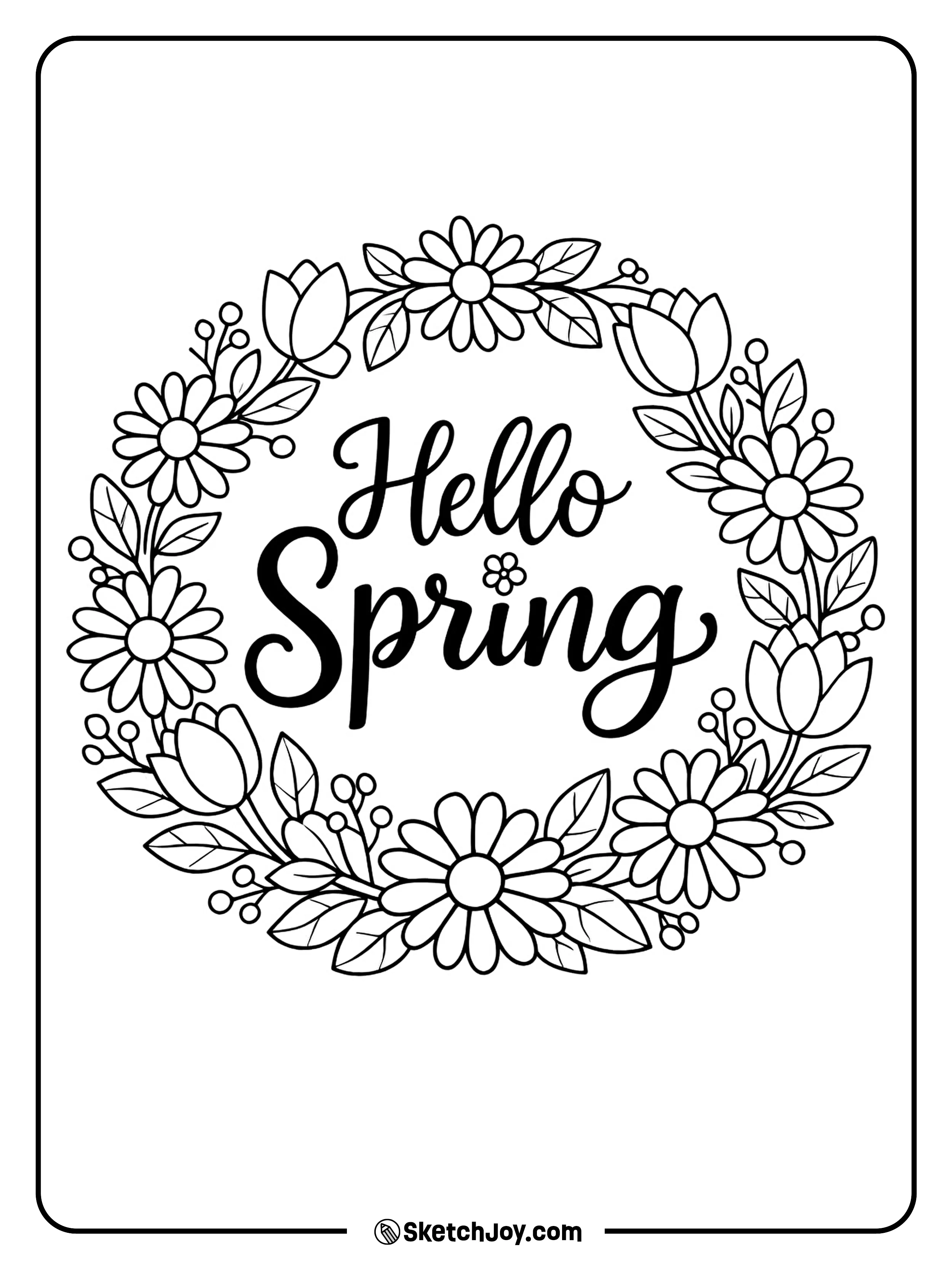 A flower wreath wraps around bright spring words.