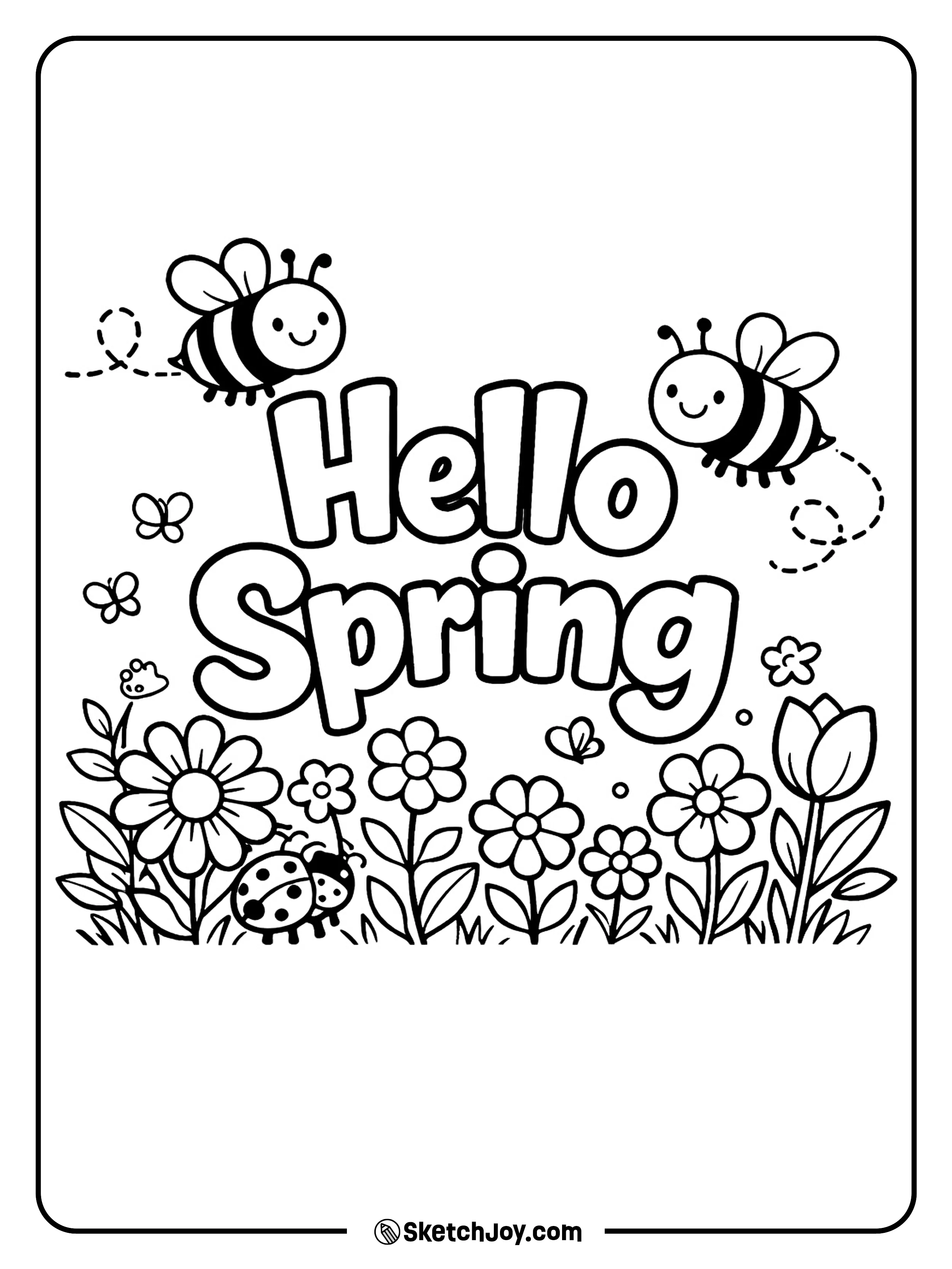 Happy bees buzz around bold spring words and flowers.