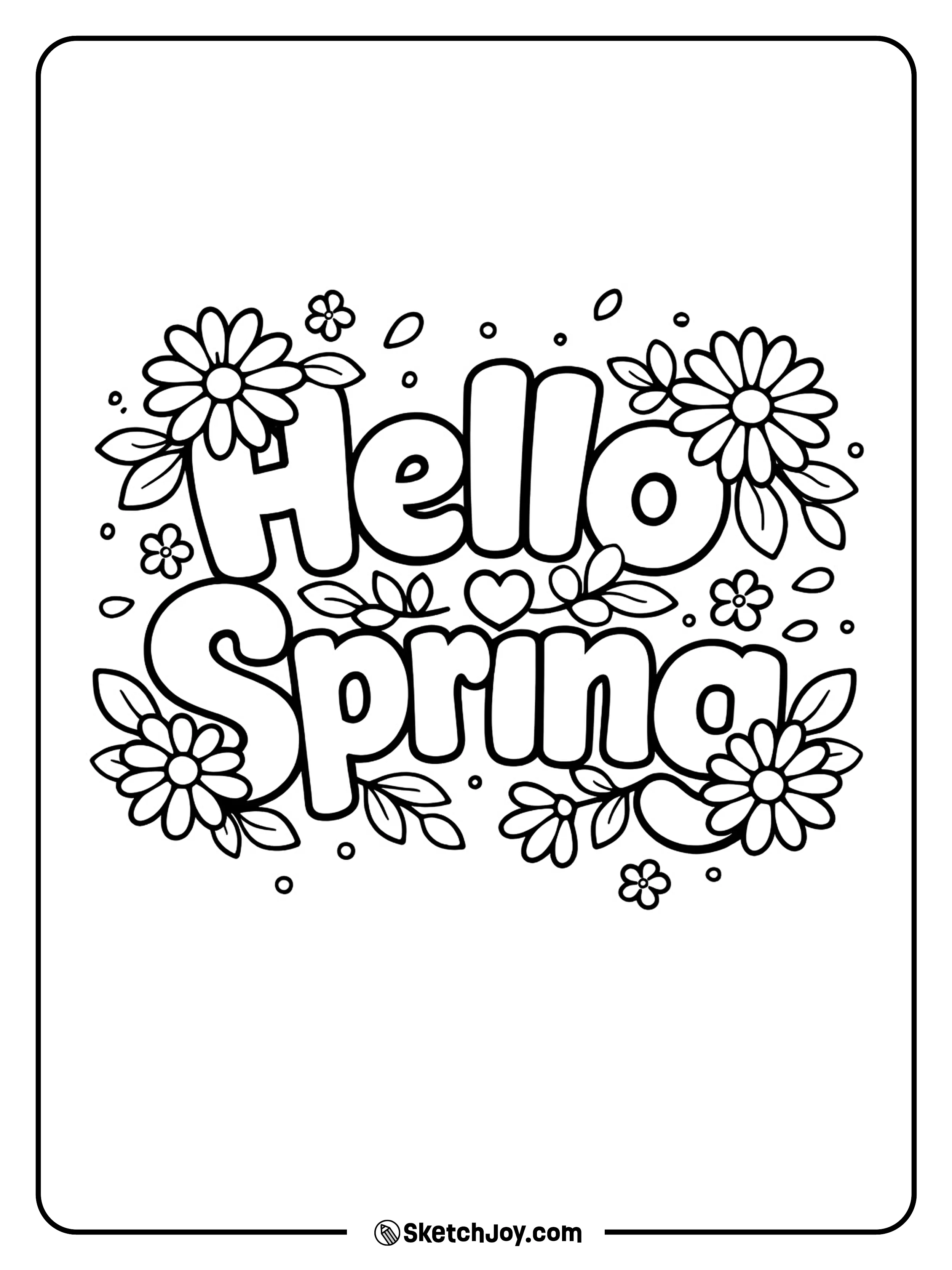 Big spring words bloom with happy daisies and soft leaves.