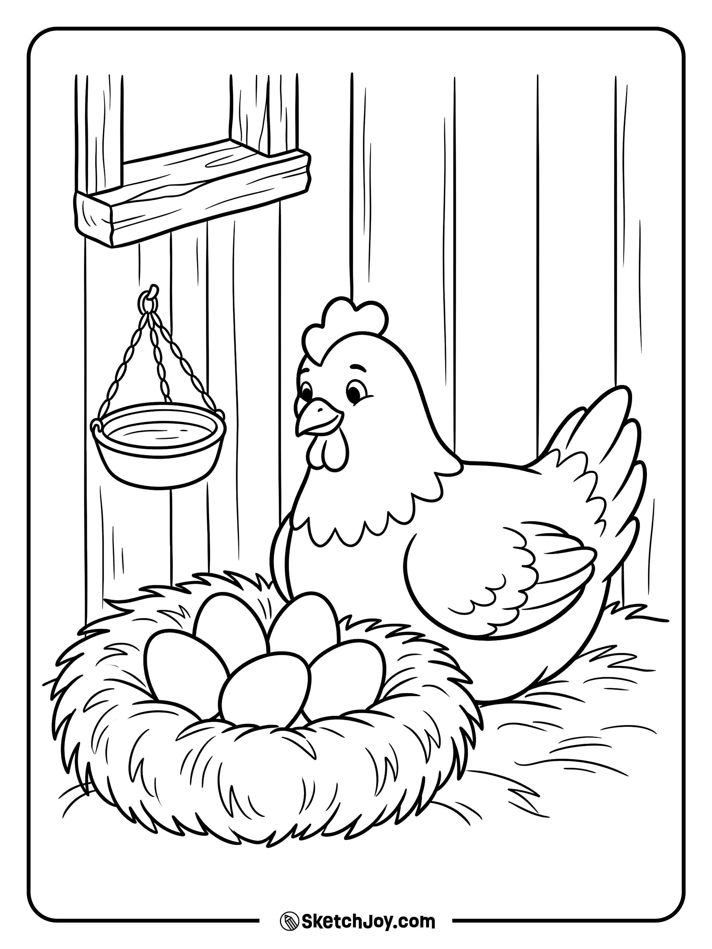 A gentle hen watches over her eggs in a tidy nest.