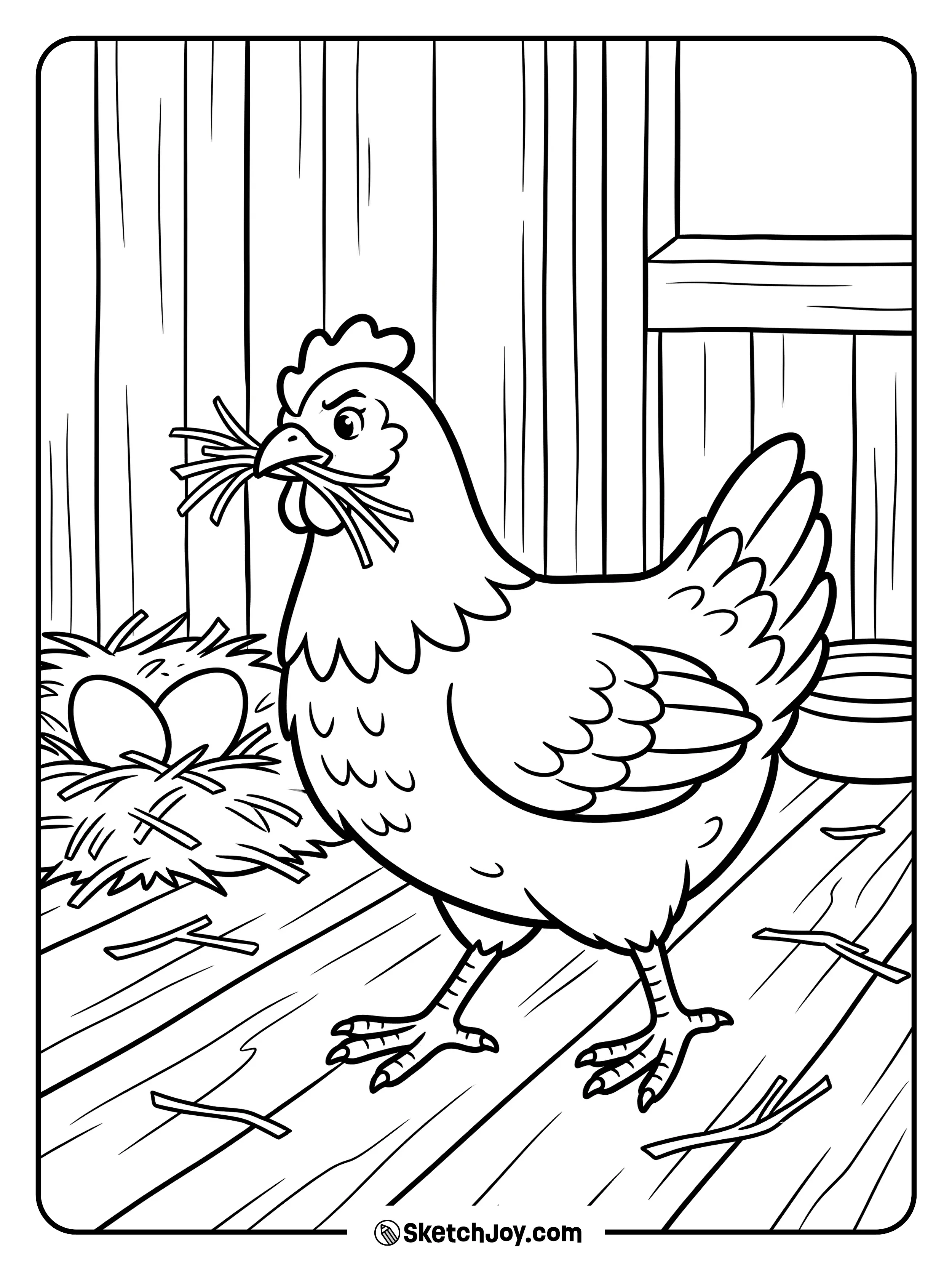 A busy hen carries straw in her beak to fix her nest.