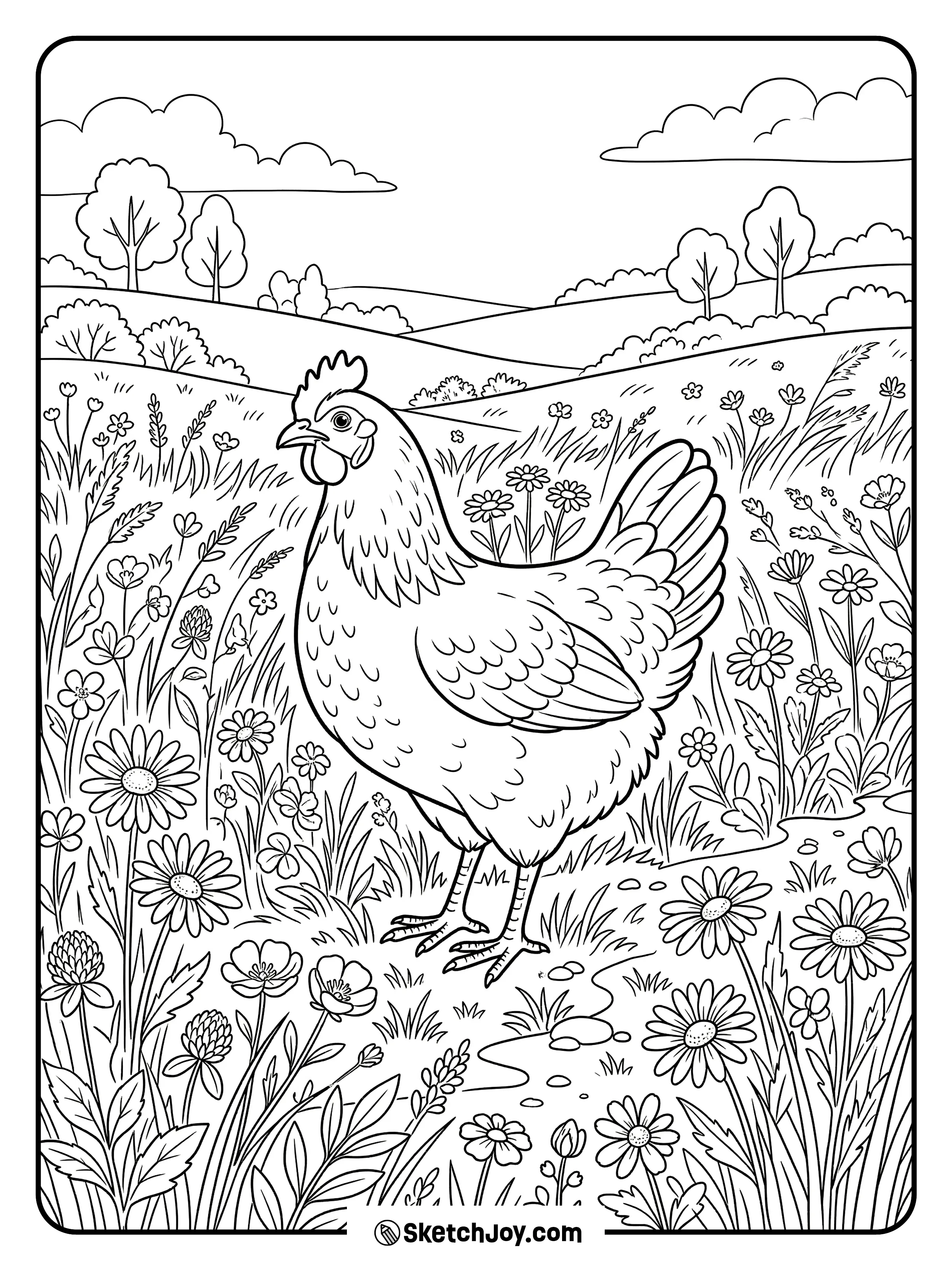 A calm hen stands in a field of simple wildflowers and tall grass.