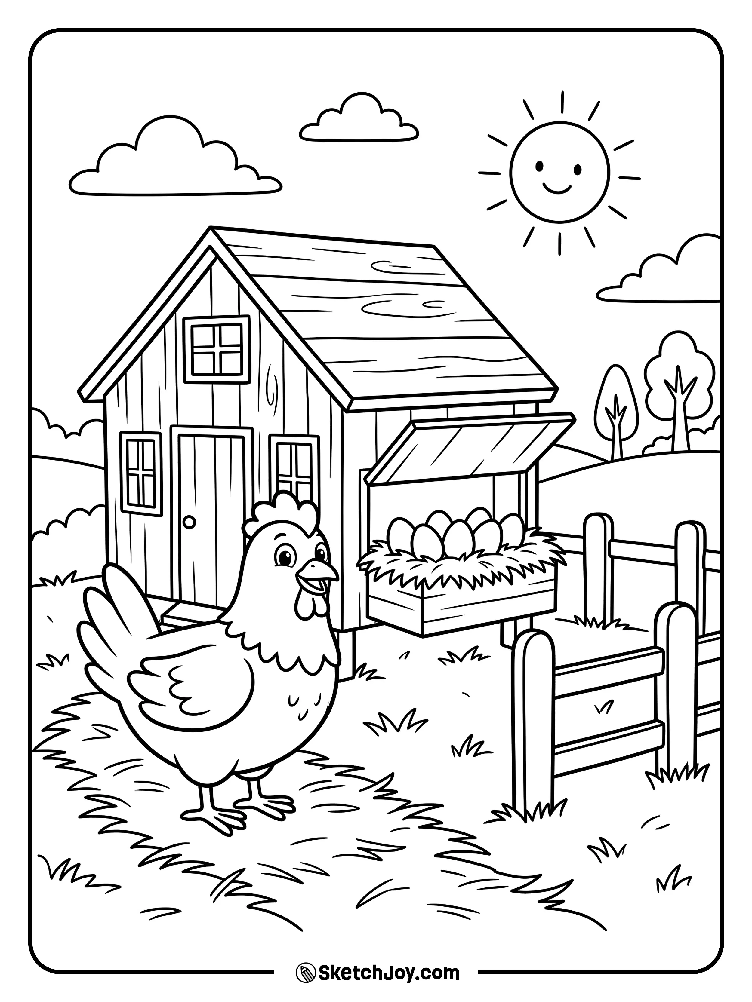 A farm hen stands near her coop while eggs rest safely inside.