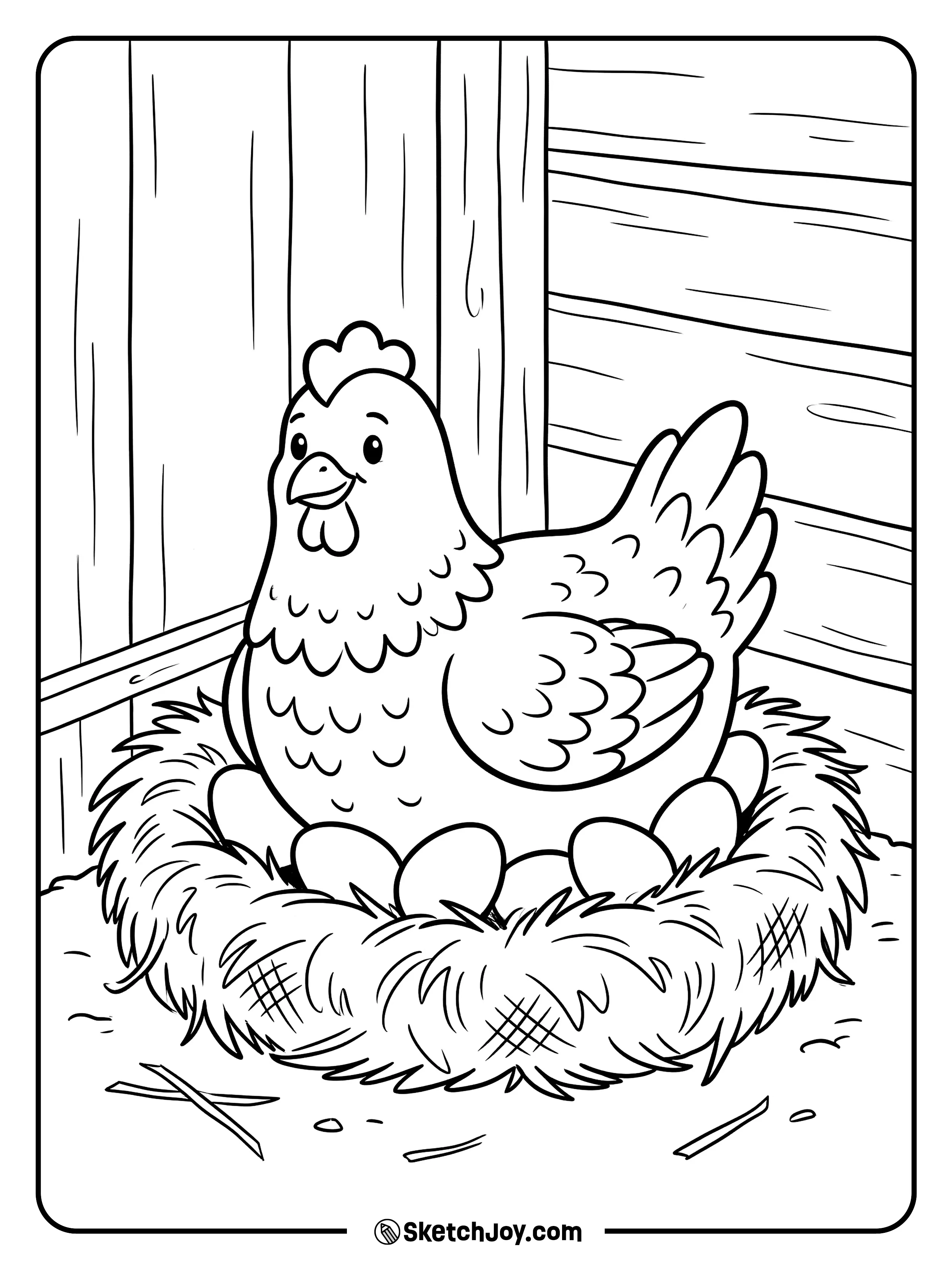 A caring hen sits on her eggs in a cozy nest.