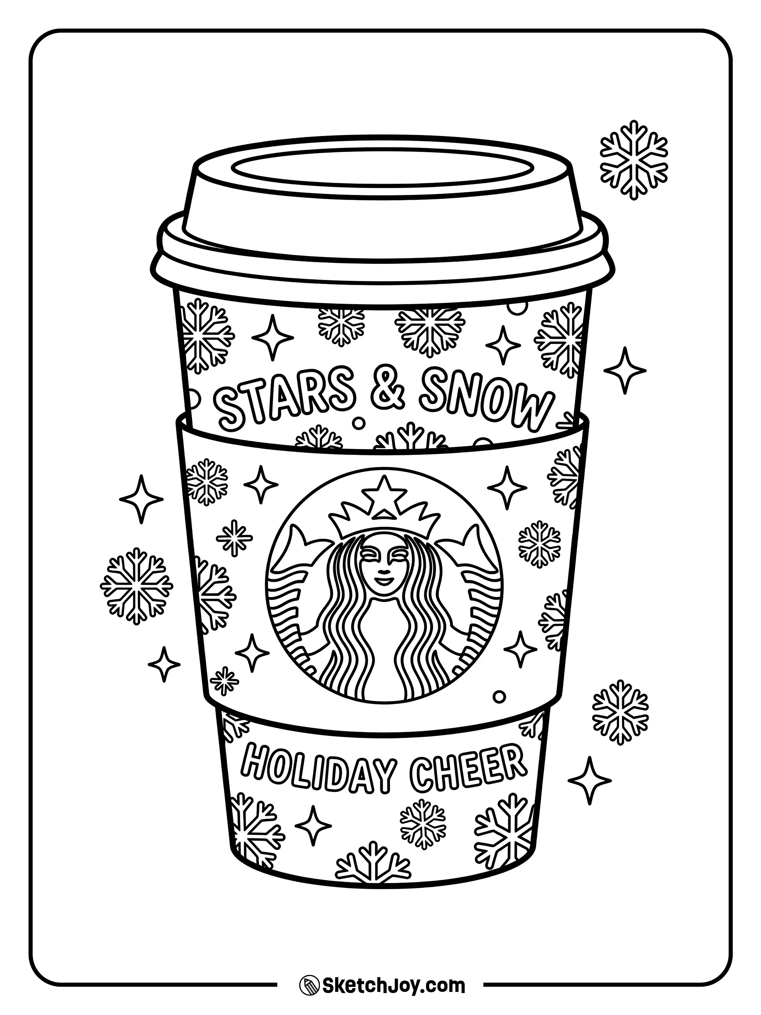 A festive holiday coffee cup decorated with snowflakes.