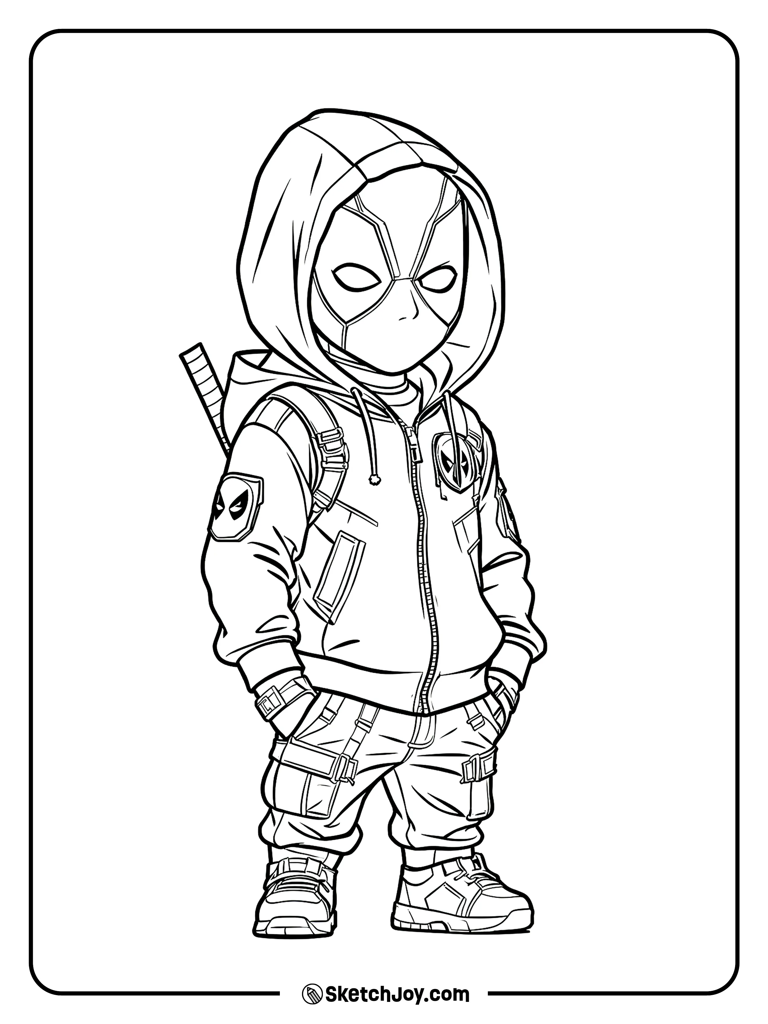 A cool casual look with a hoodie and mask.