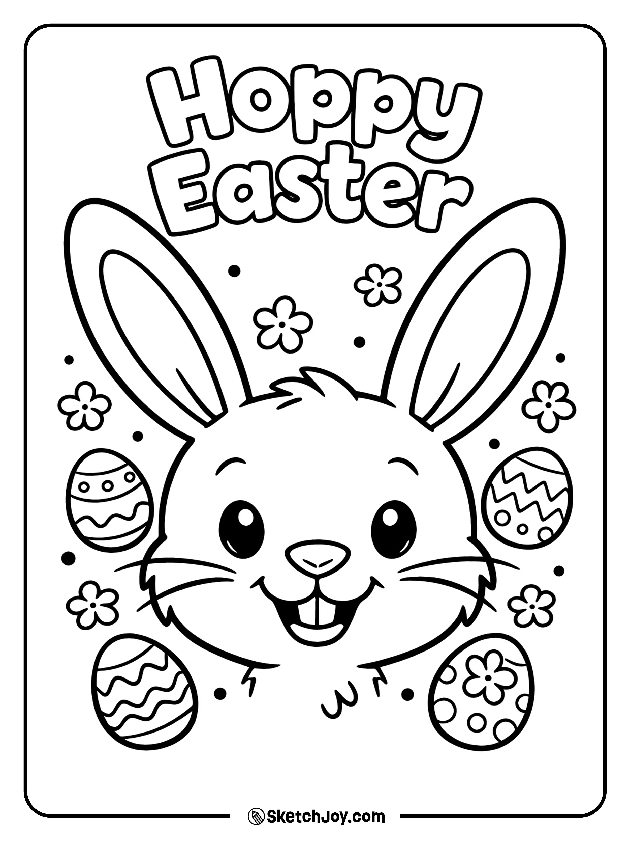 A big bunny face smiles with flowers and eggs around it.