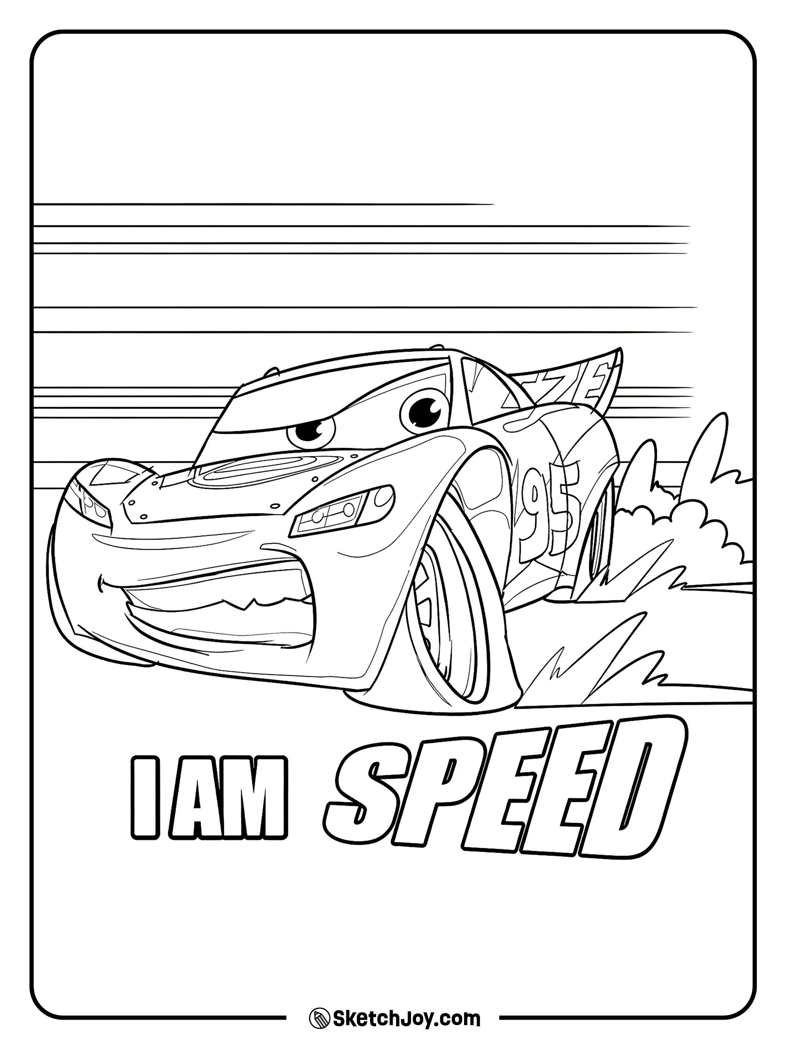 Lightning McQueen races ahead with bold speed lines and his famous I Am Speed quote.