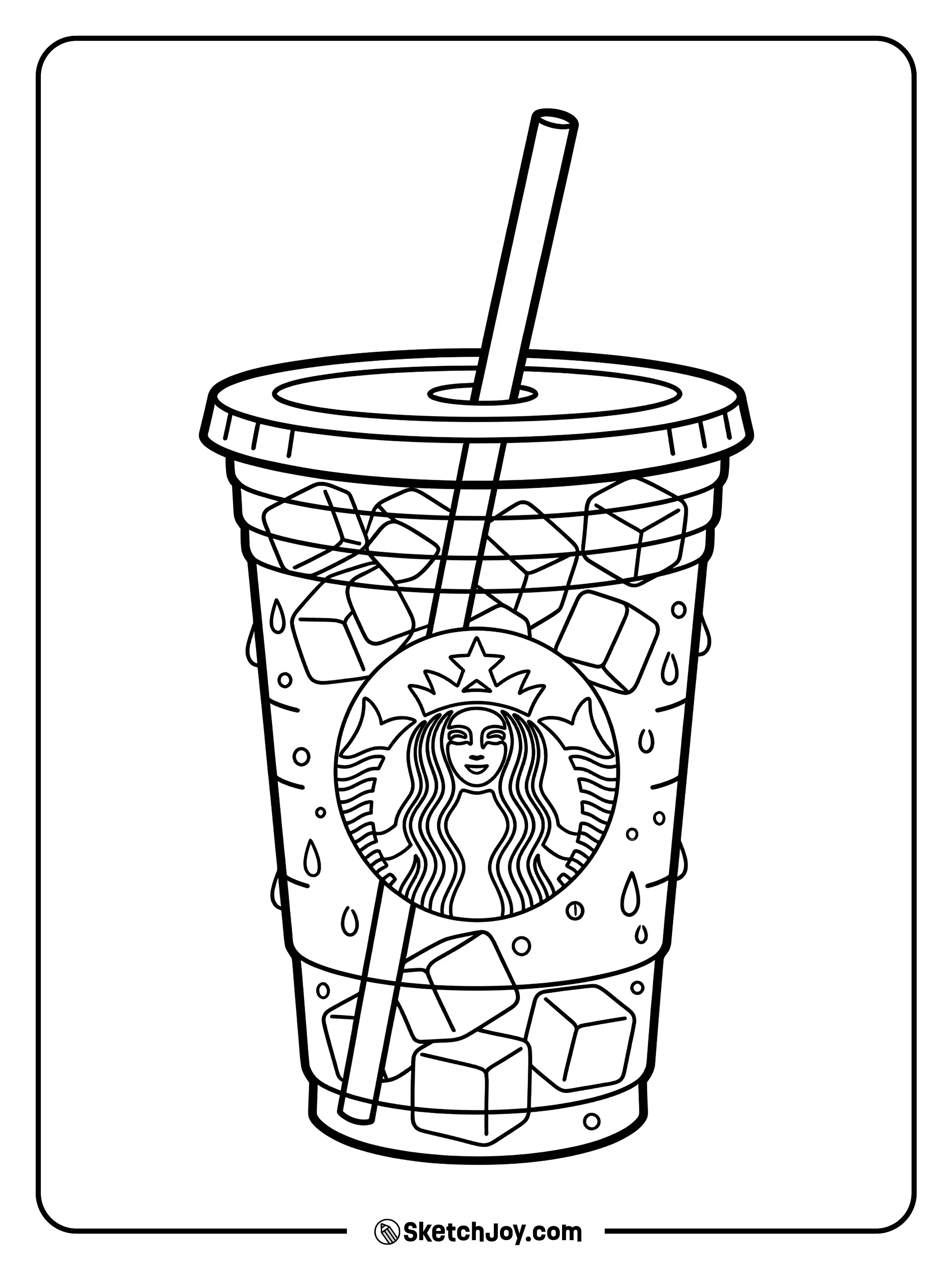 A tall glass of iced coffee with floating ice cubes and a green straw.