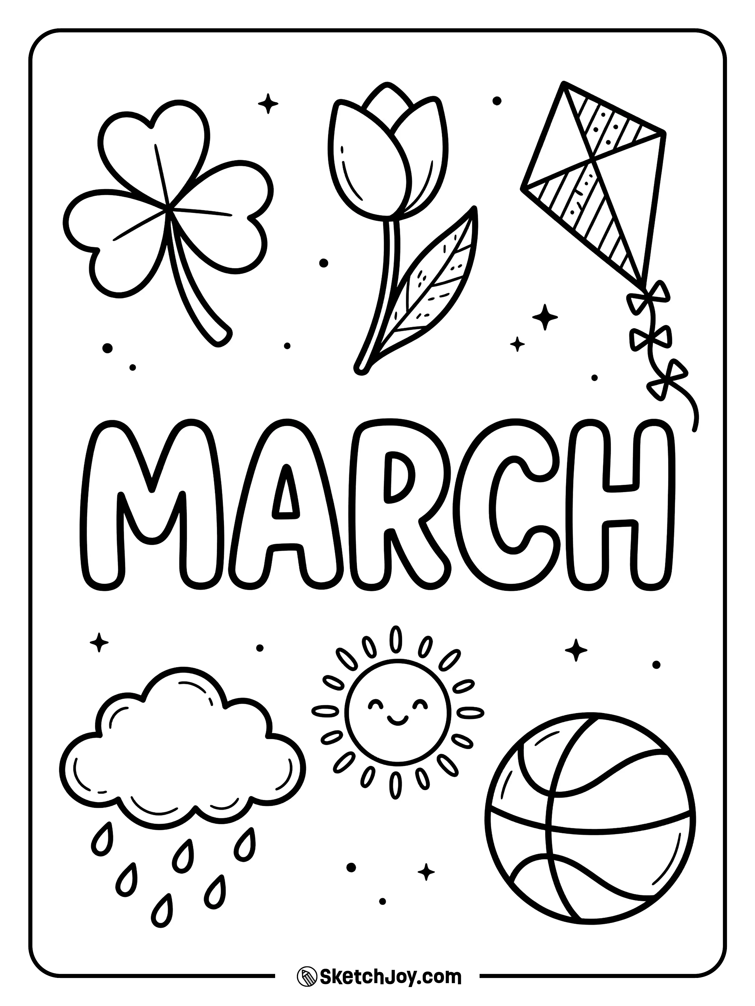 Big MARCH letters sit with simple icons like a shamrock, kite, tulip, and rain cloud.