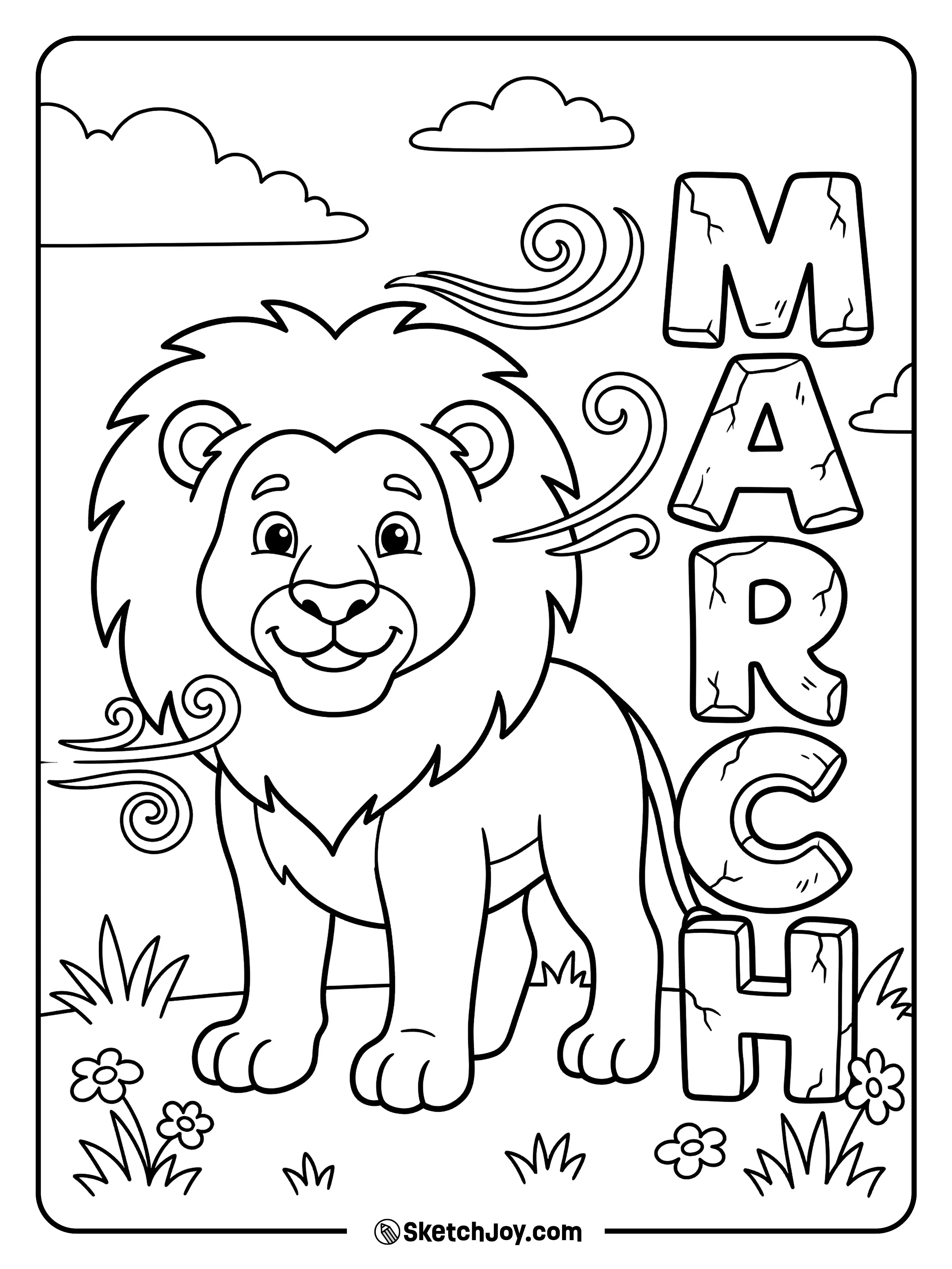 A friendly lion roars beside big MARCH letters with a few wind swirls.