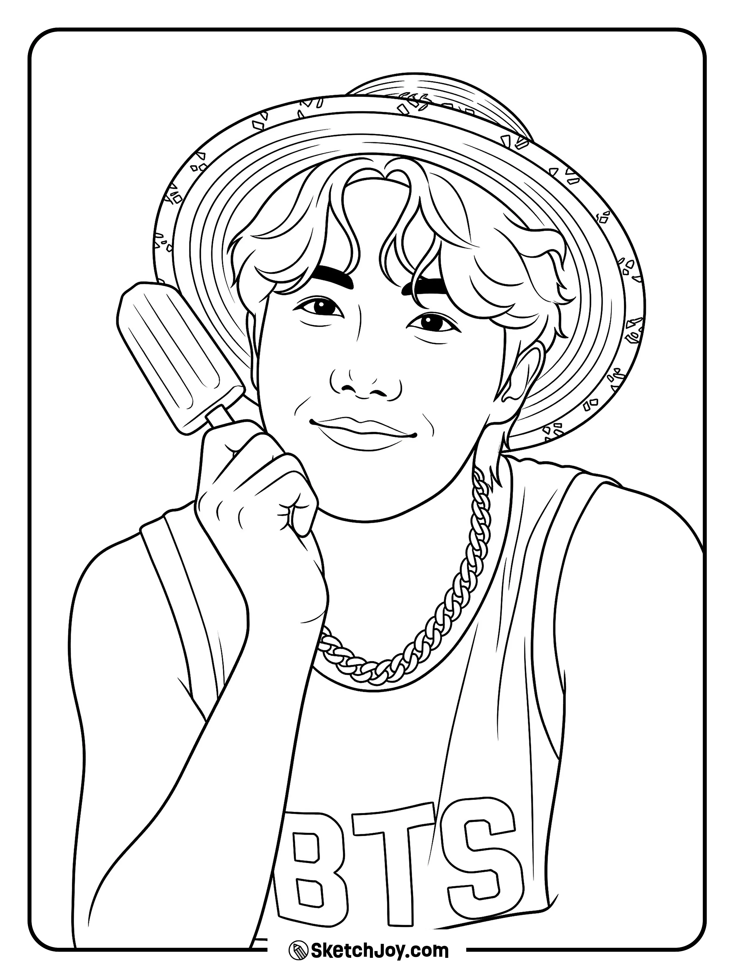 J-Hope smiles in a fun summer look while holding a cool ice pop.