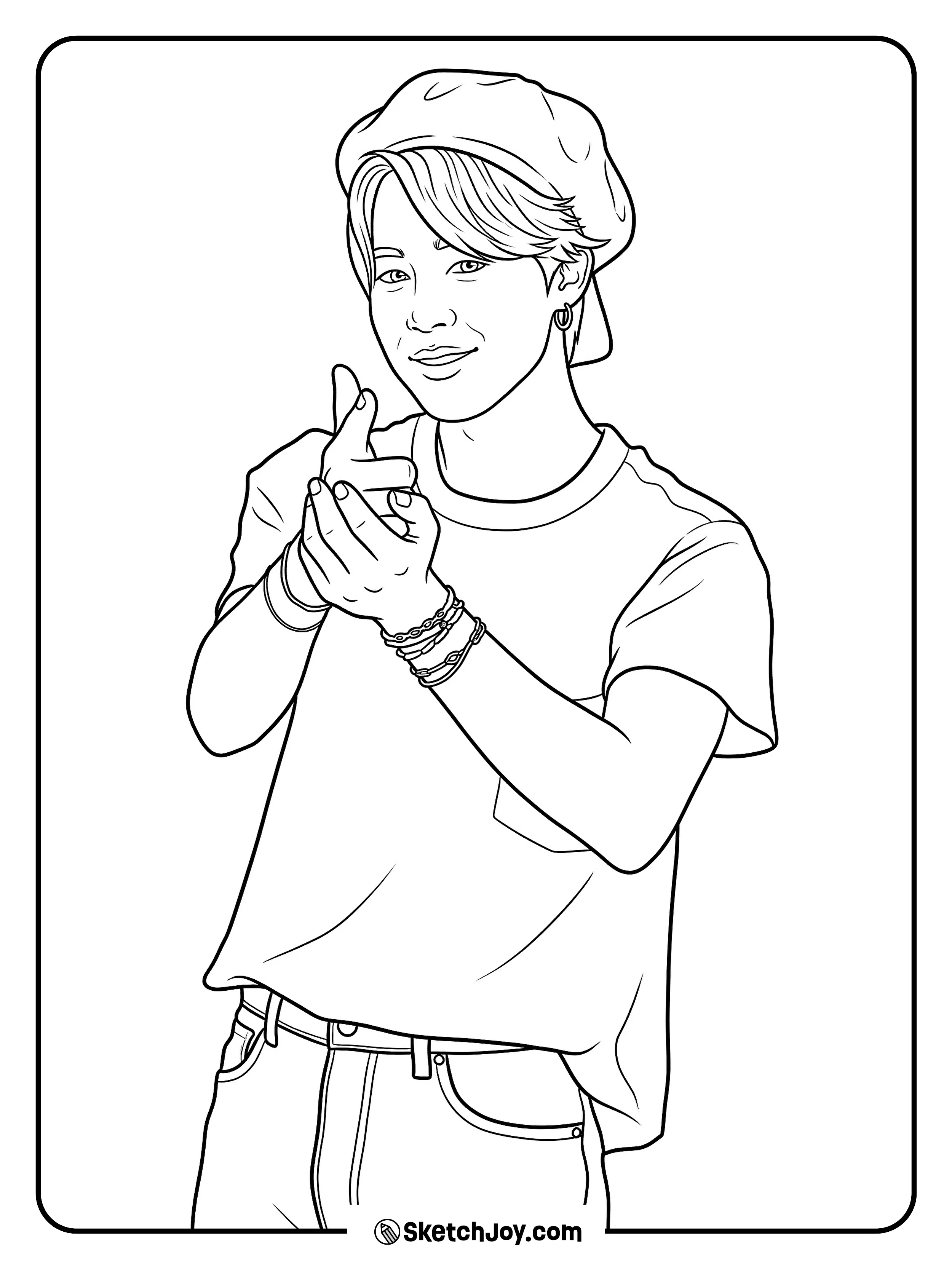 Jimin makes a sweet finger heart with a soft smile and casual style.