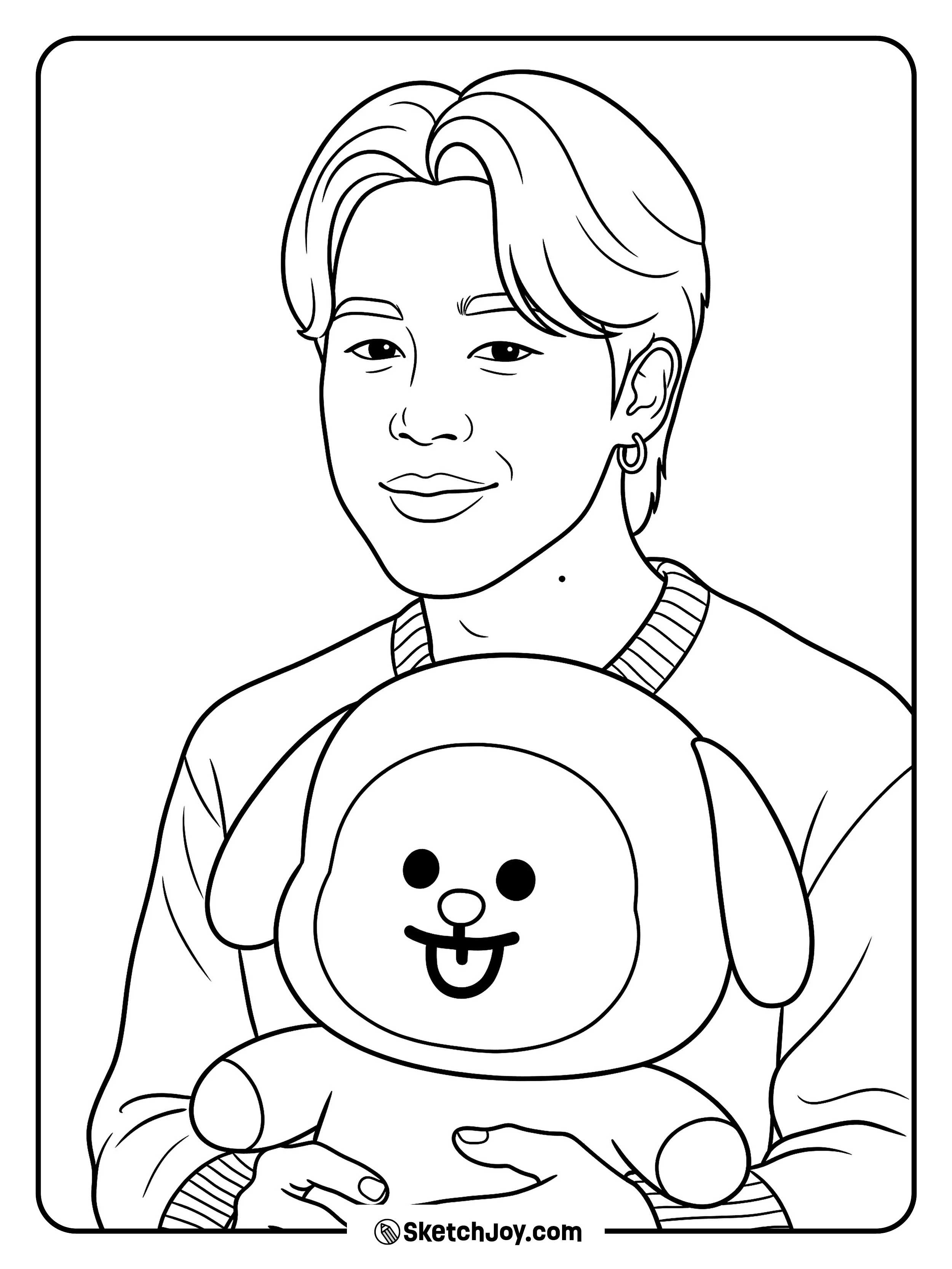 Jimin holds a cute Chimmy plush with a soft smile and cozy charm.