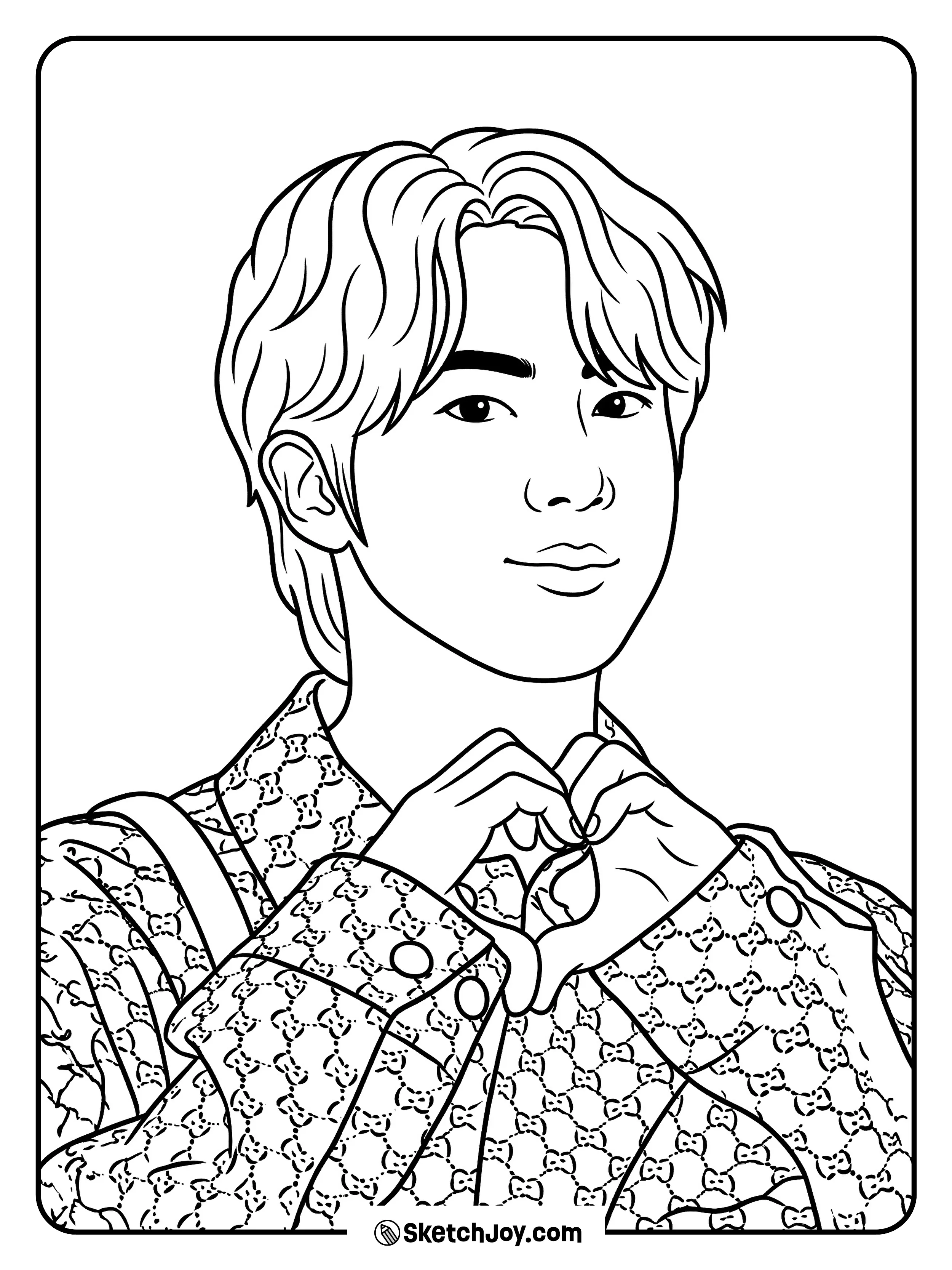 Jin makes a sweet heart shape with his hands and a soft smile.