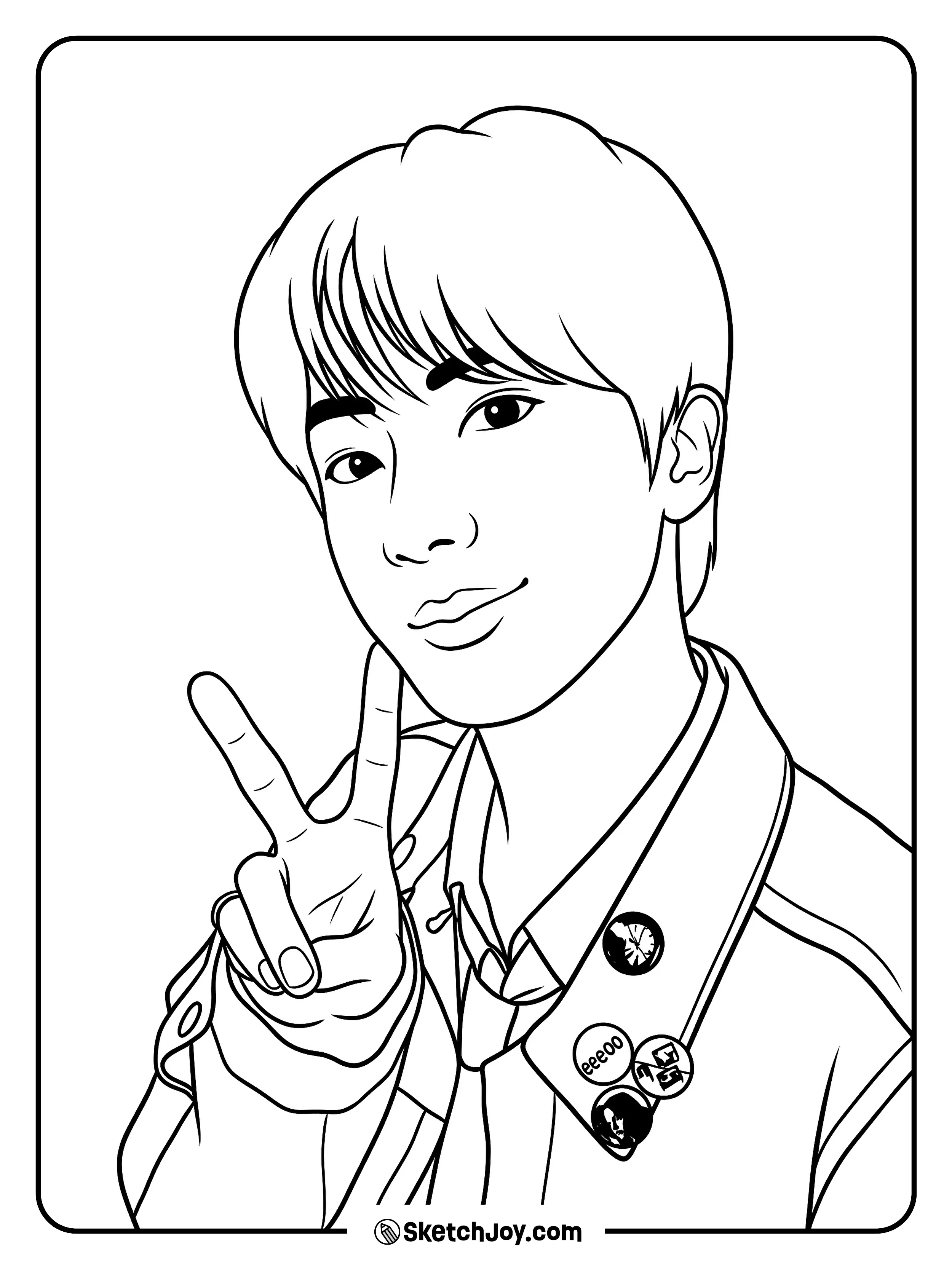 Jin gives a cute peace sign with a bright smile and gentle charm.
