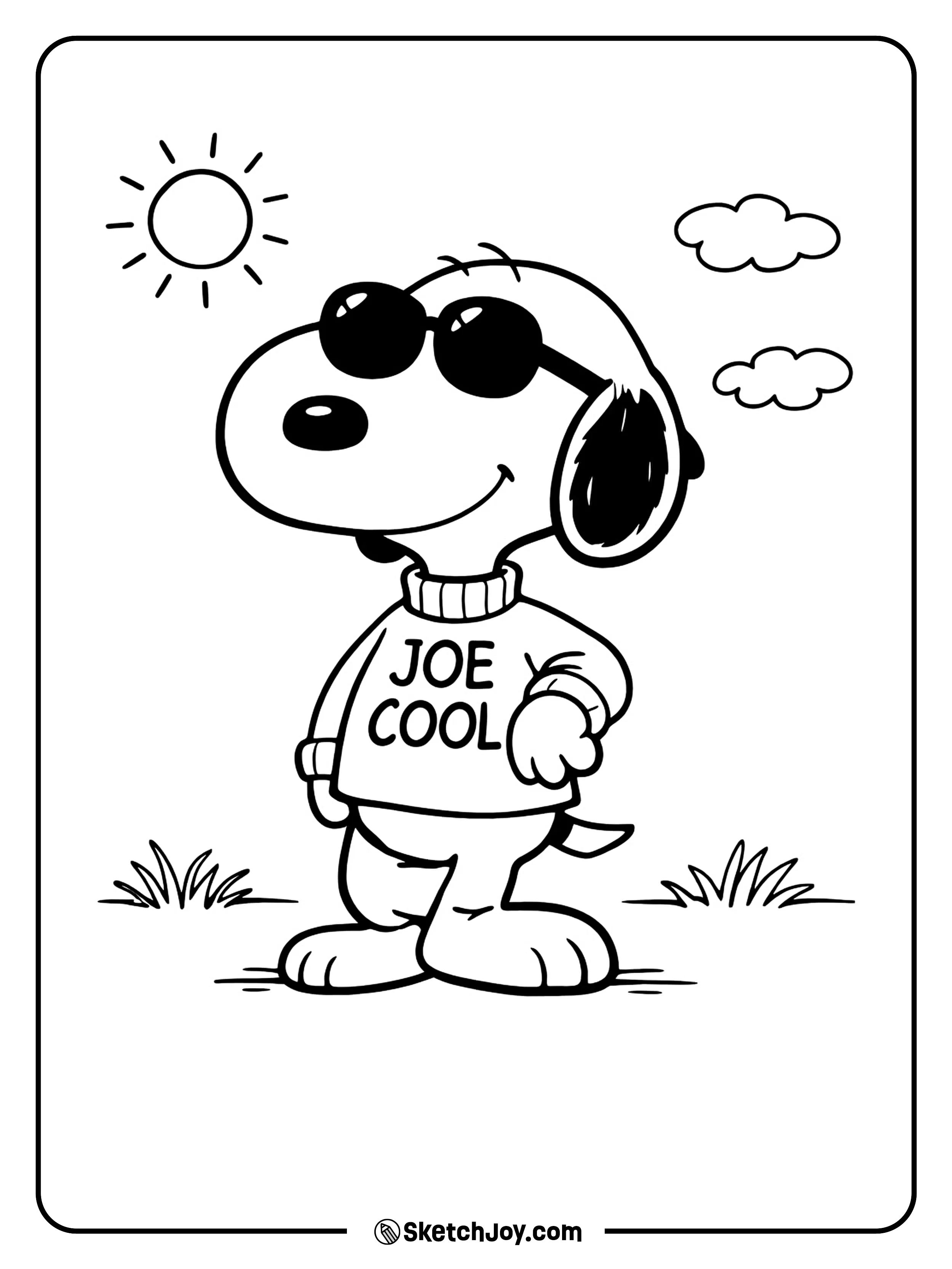 Snoopy stands with sunglasses and a cool grin in his famous style.