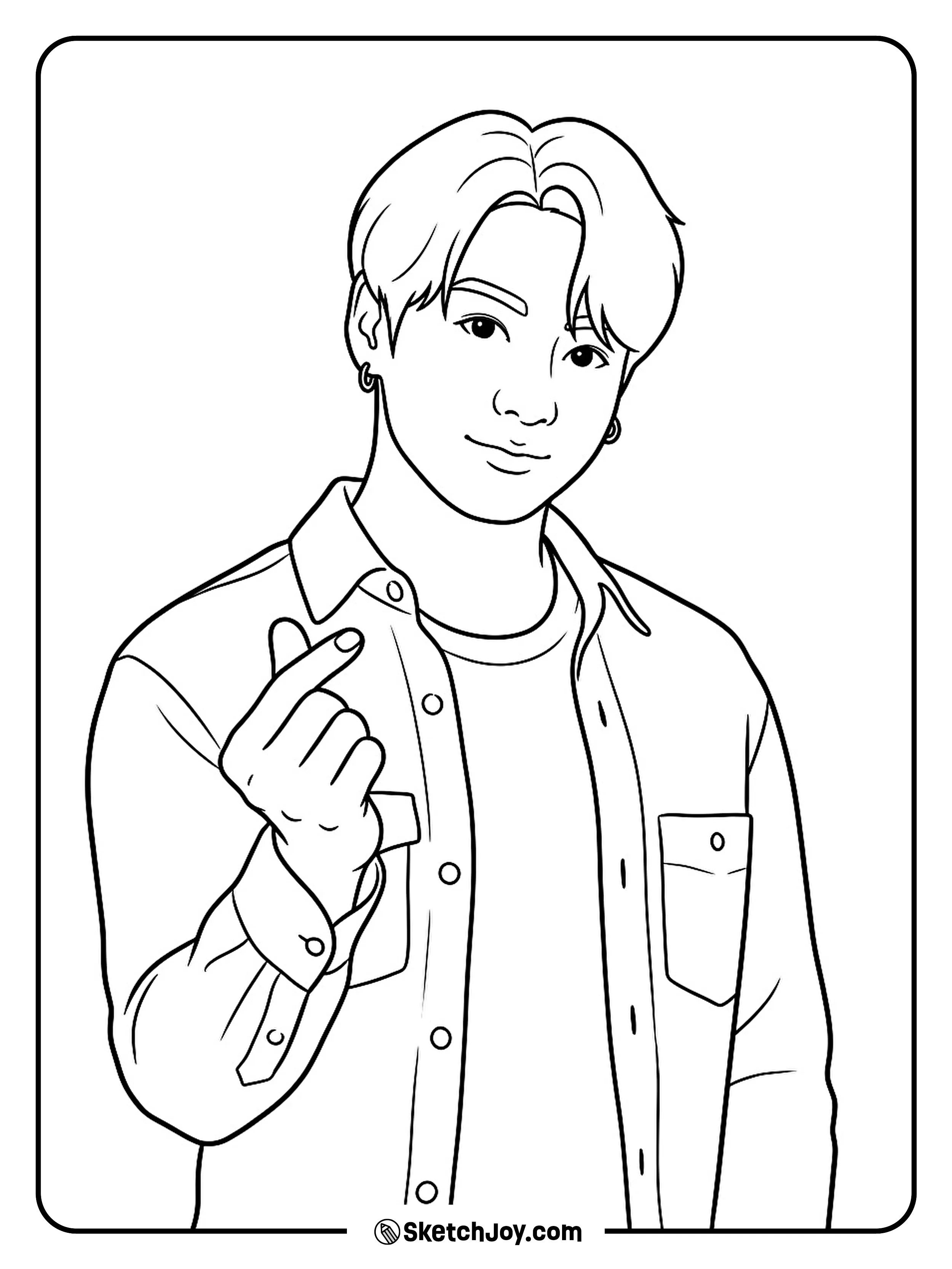 Jung Kook smiles in a simple outfit while making a cute finger heart.