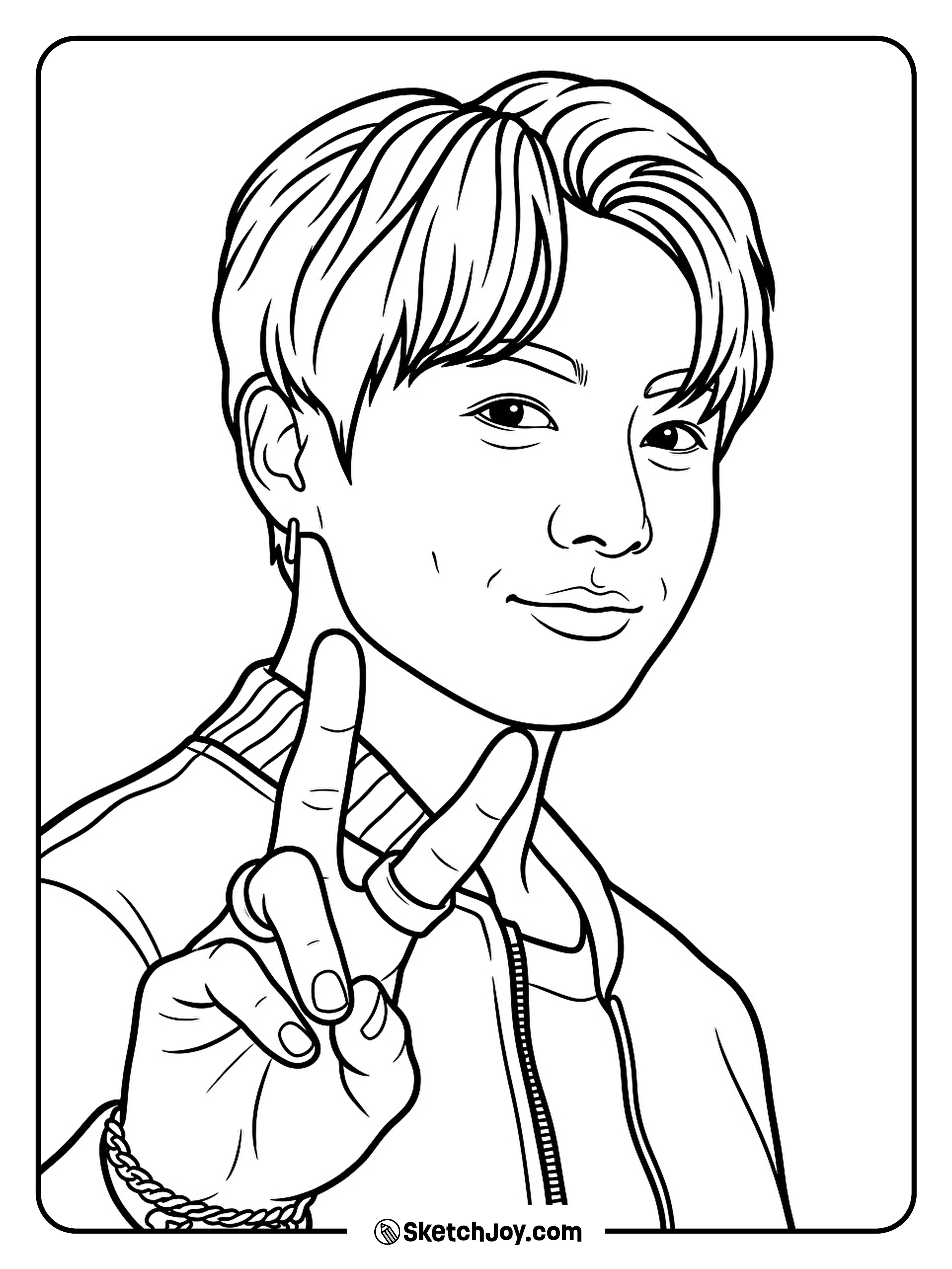 Jung Kook gives a bright peace sign with a soft smile and cool style.