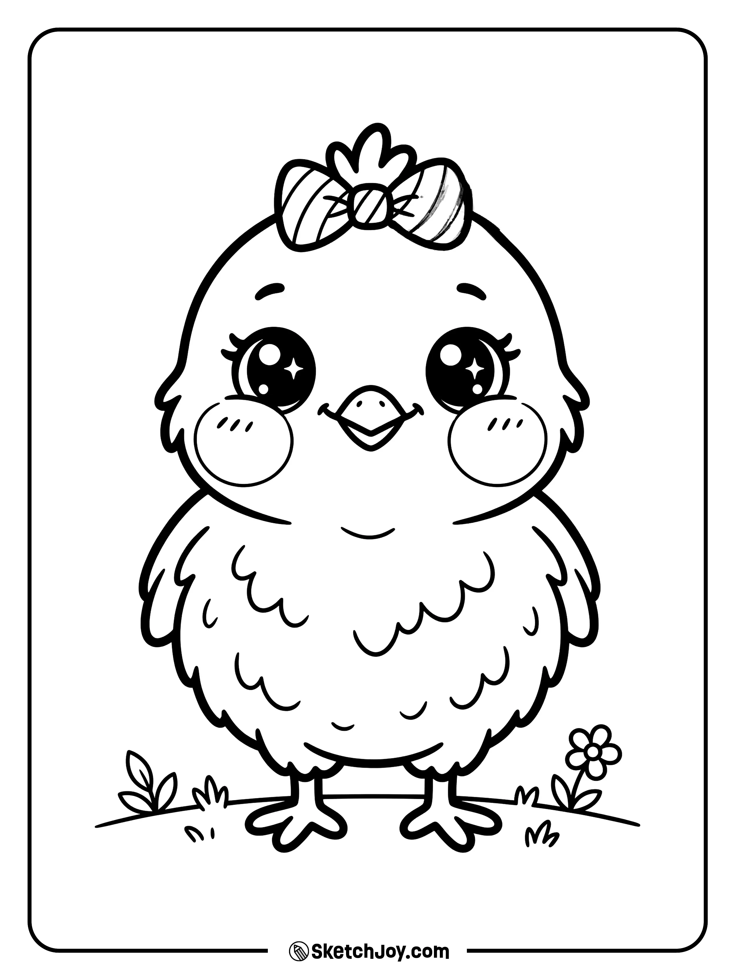 A tiny chick with a cute bow smiles in a simple and fun pose.
