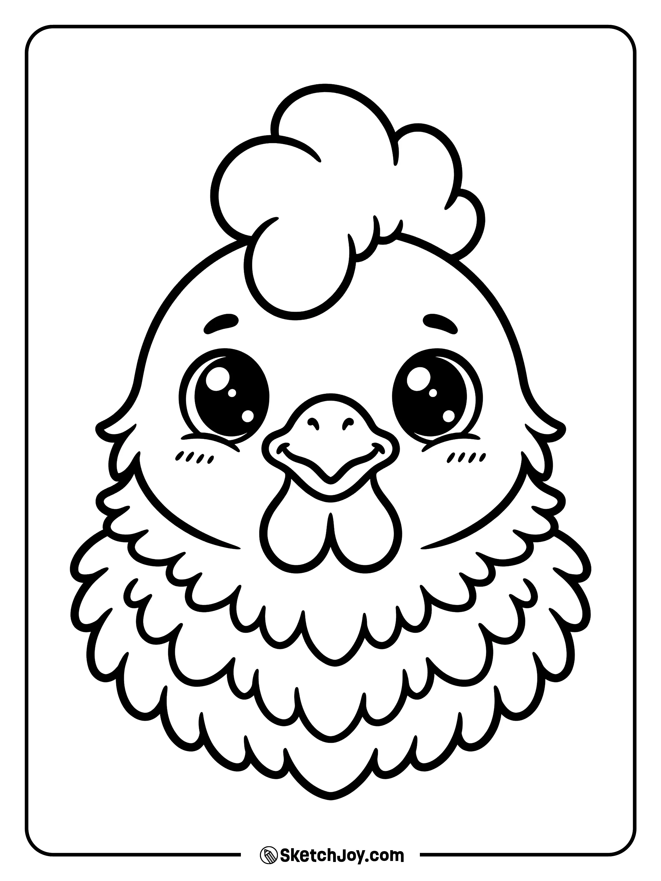 A cute rooster face fills the page with a bright and fun look.