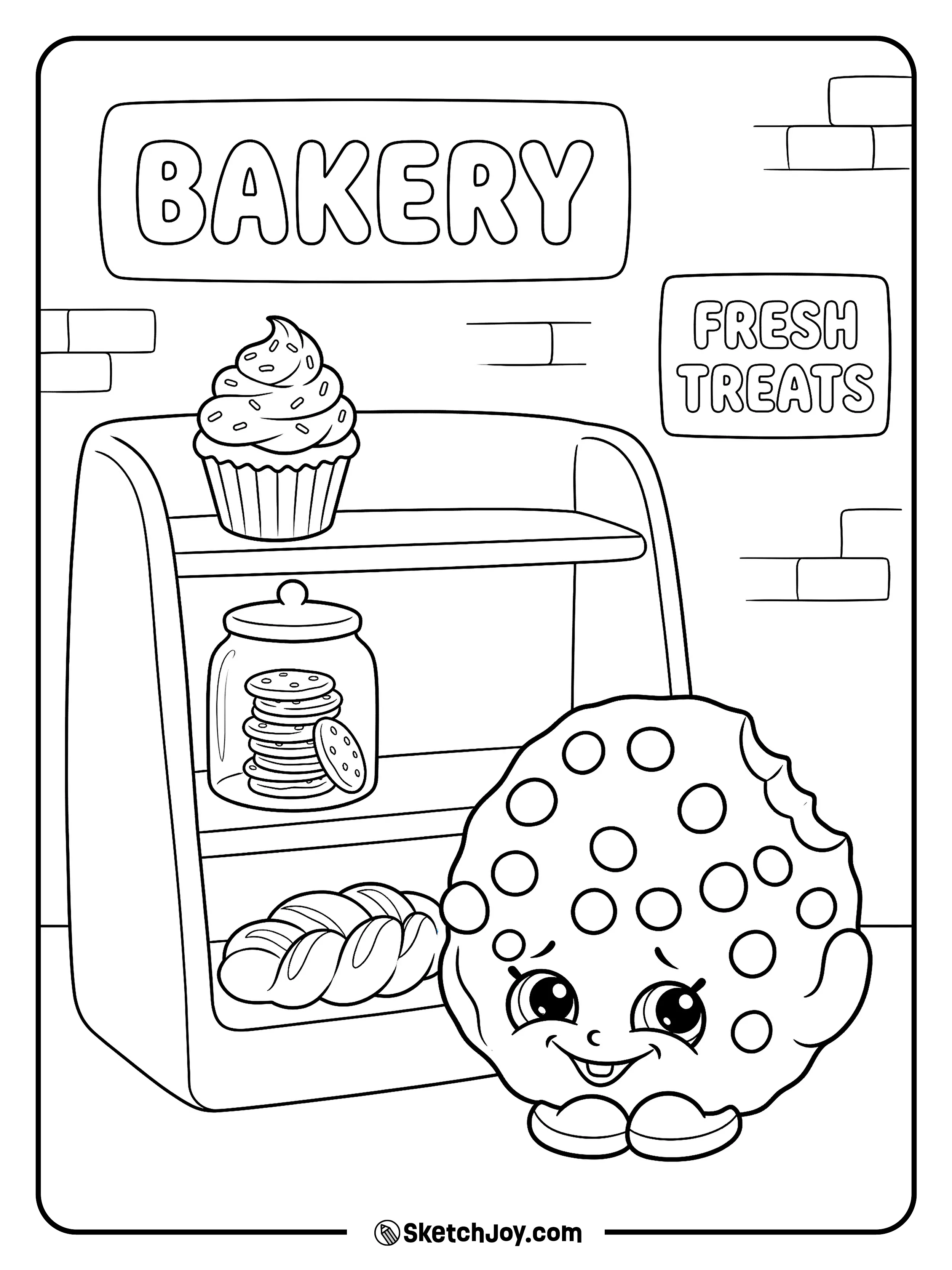 Kooky Cookie looks sweet and happy beside a simple bakery shelf.