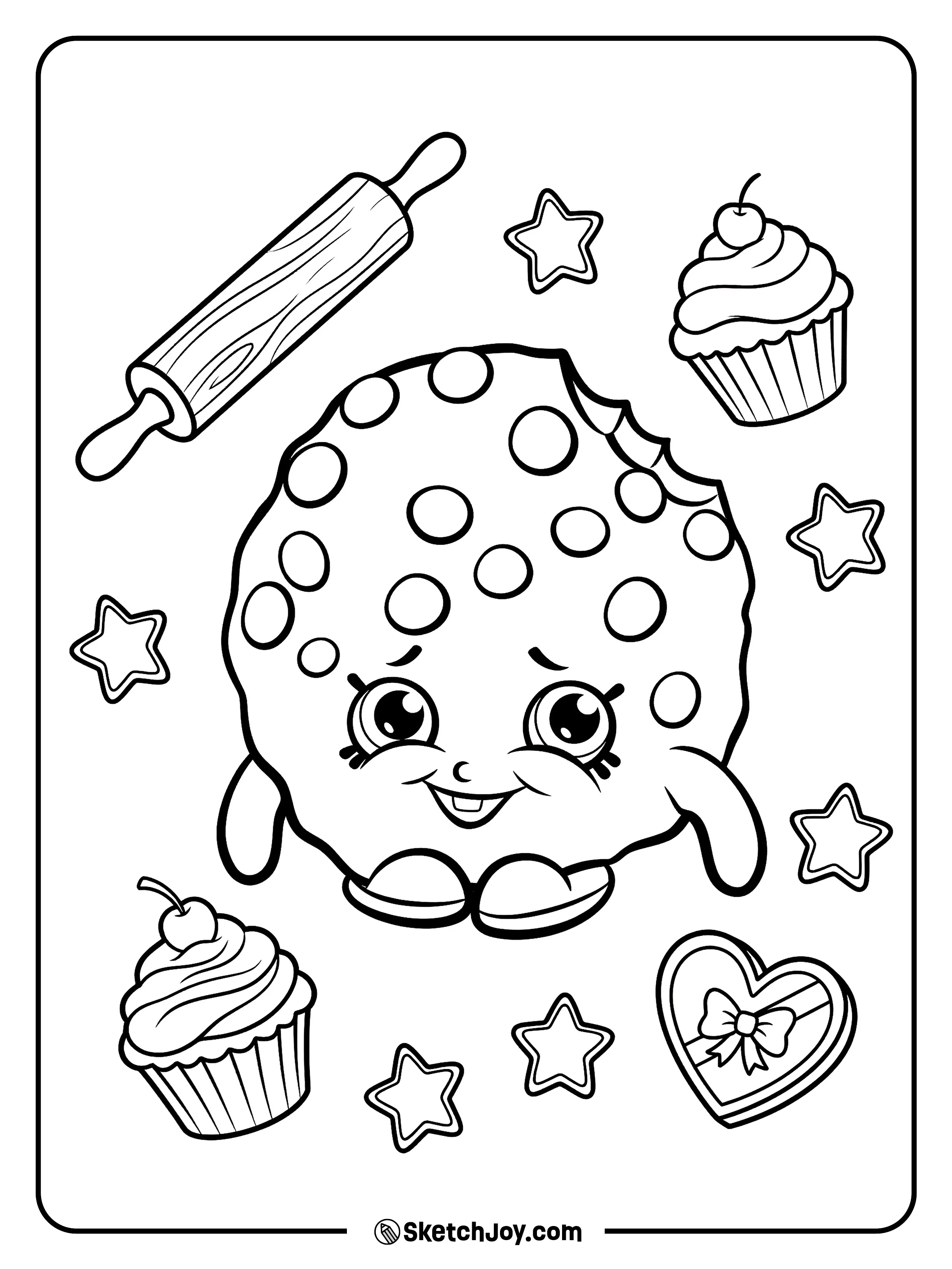 Kooky Cookie smiles with little bakery treats floating around her.