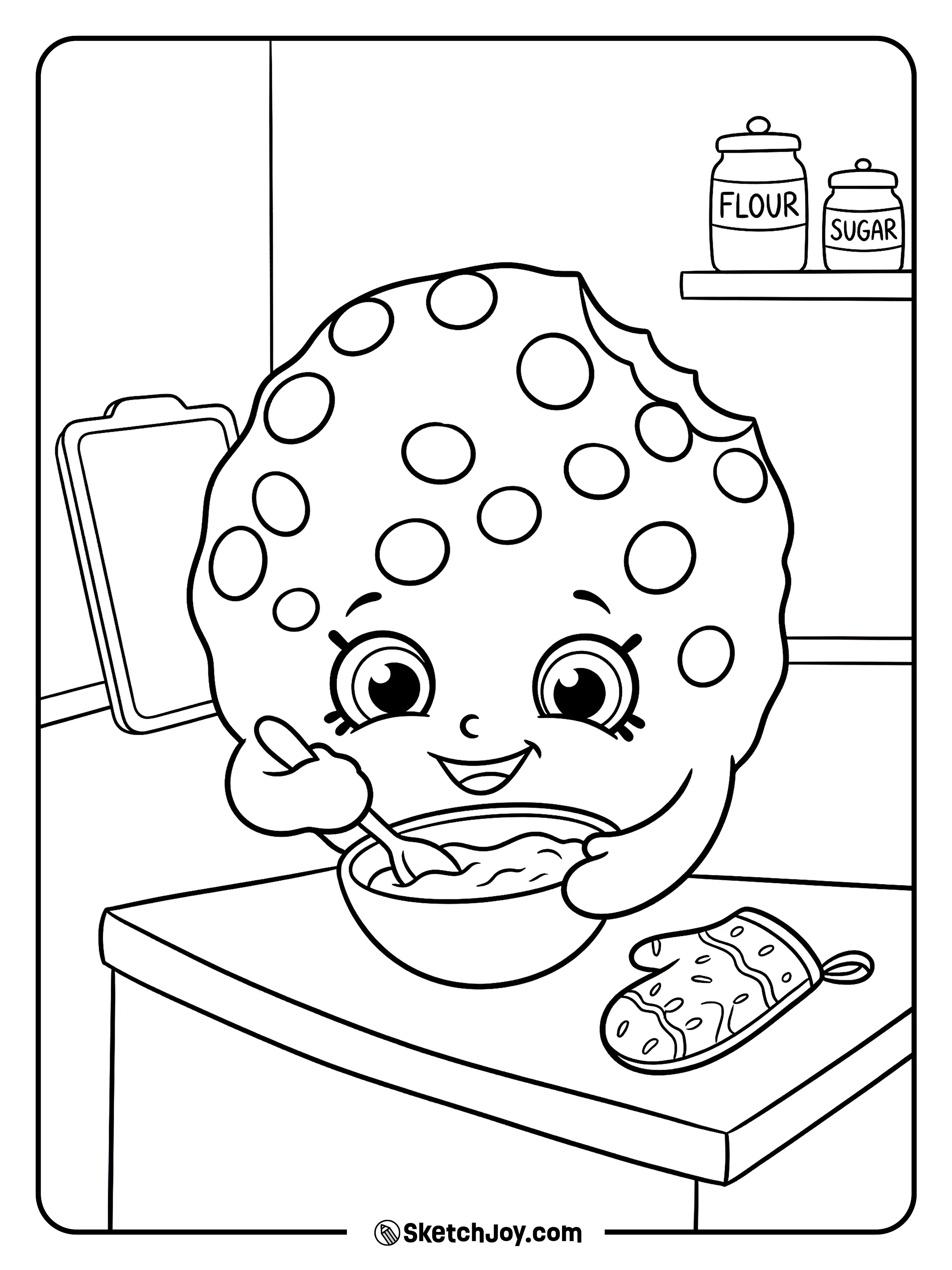 Kooky Cookie stands by a bowl and spoon in a cute baking scene.