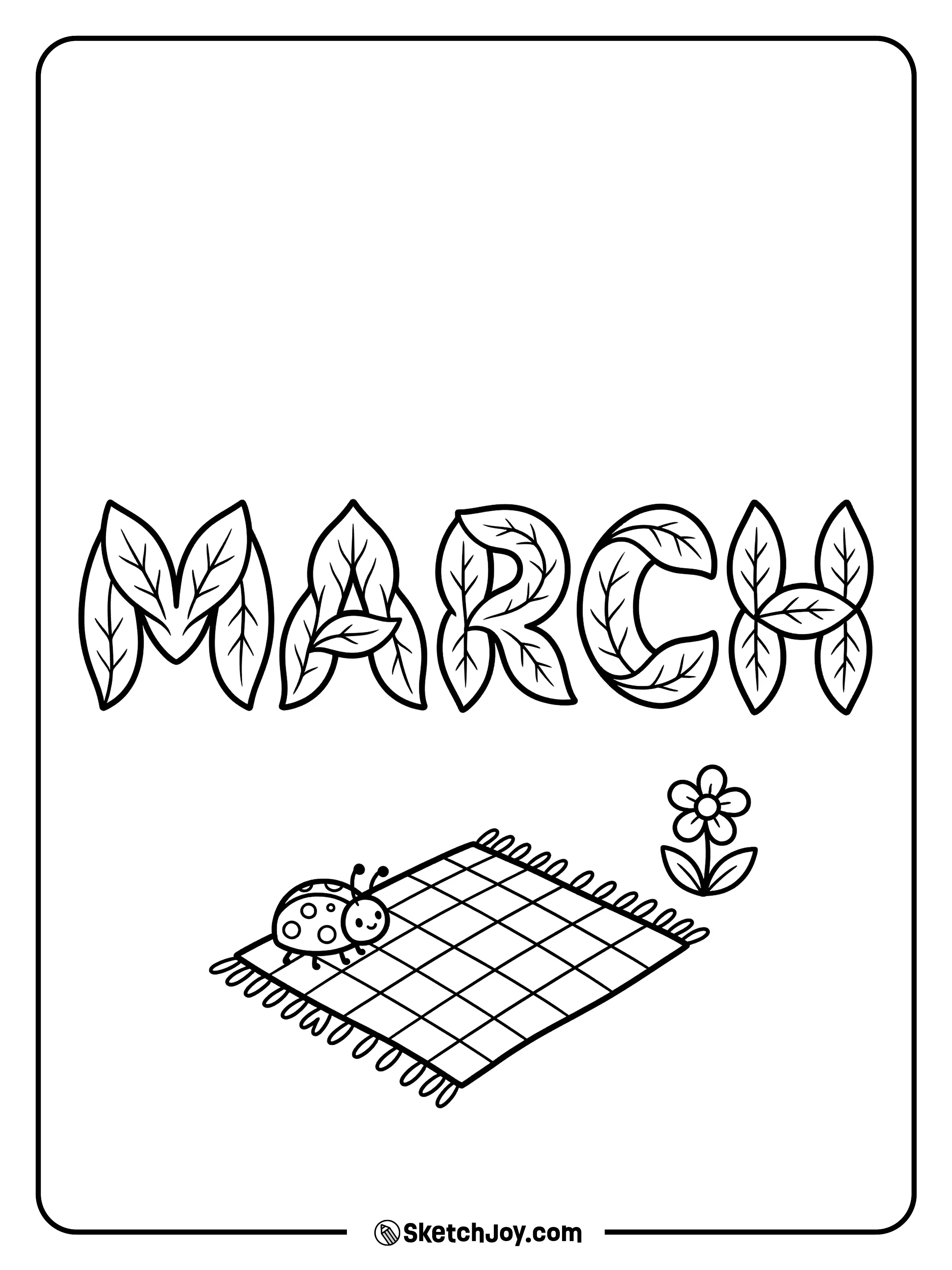 A tiny ladybug picnic sits under MARCH letters made of spring leaves.