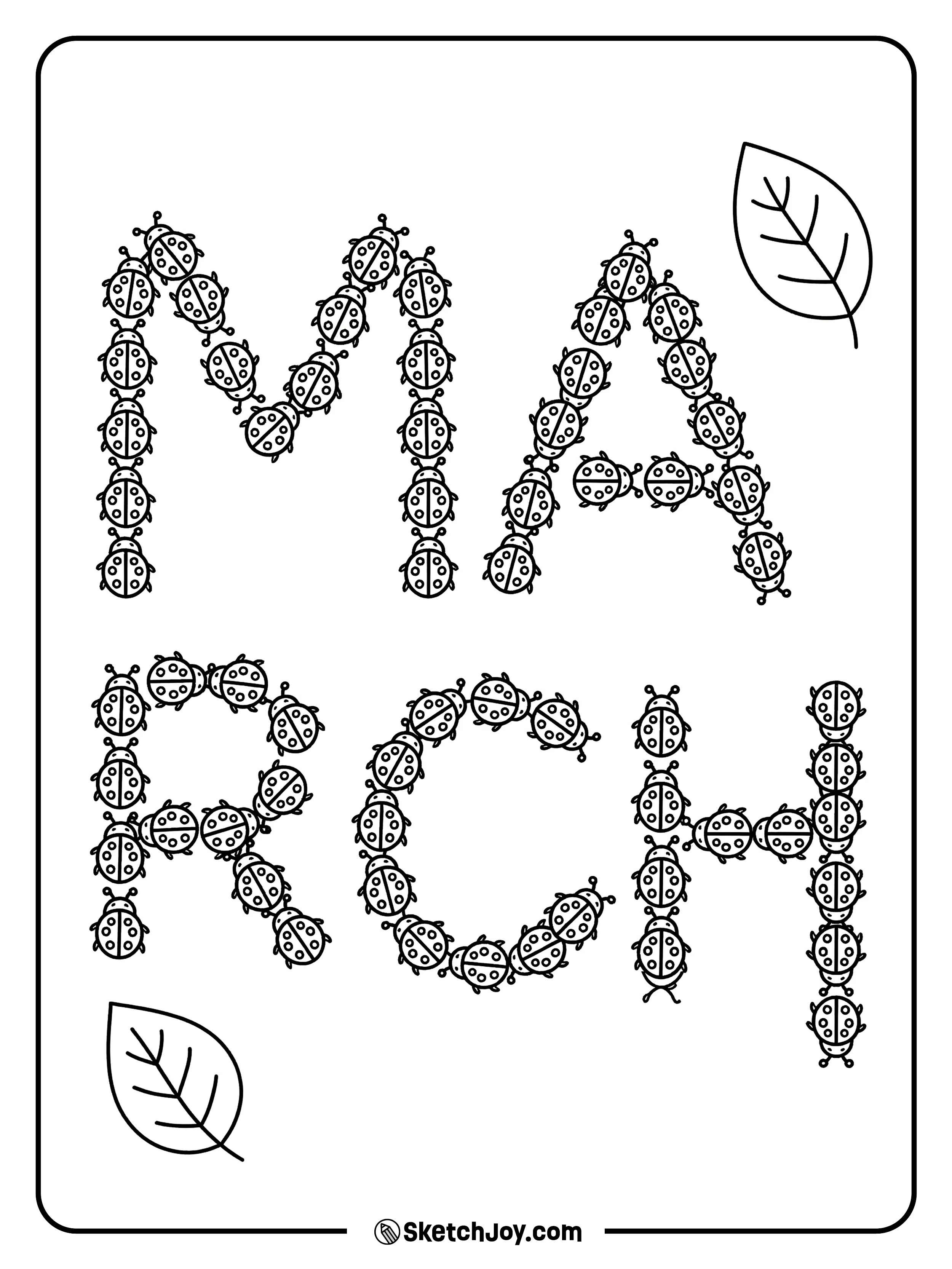 Ladybugs crawl in a line that forms MARCH, with a few simple leaves nearby.